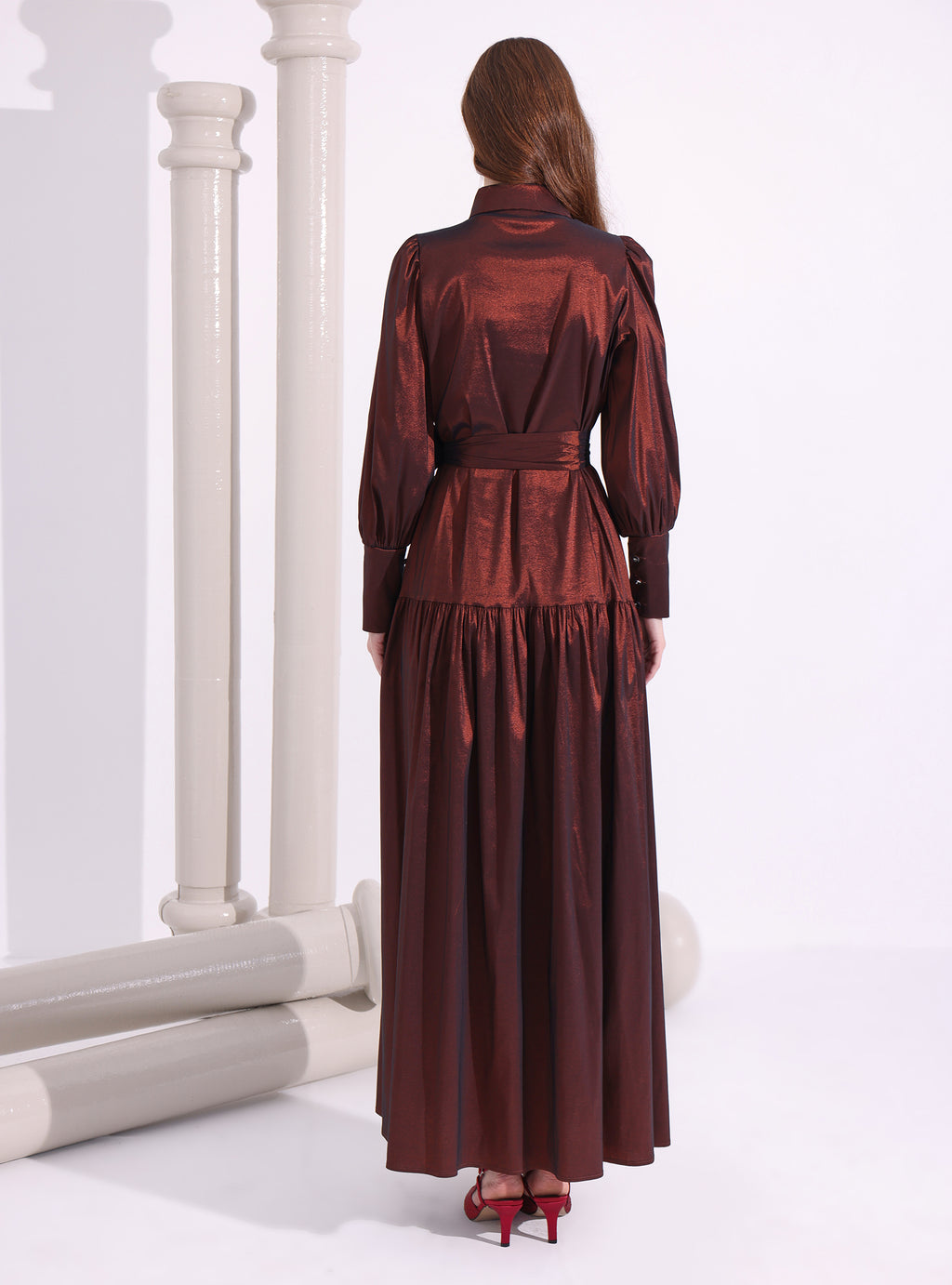 Bronze Metallic Taffeta Cristal Button Maxi Dress - Store WF