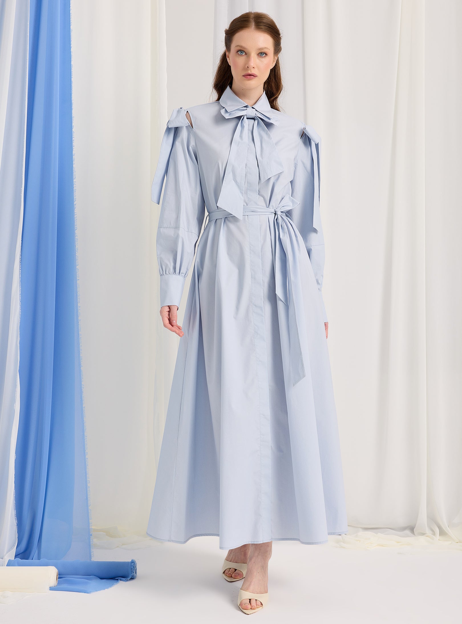 Bow Detailed Blue Poplin Cotton Maxi Dress - Store WF