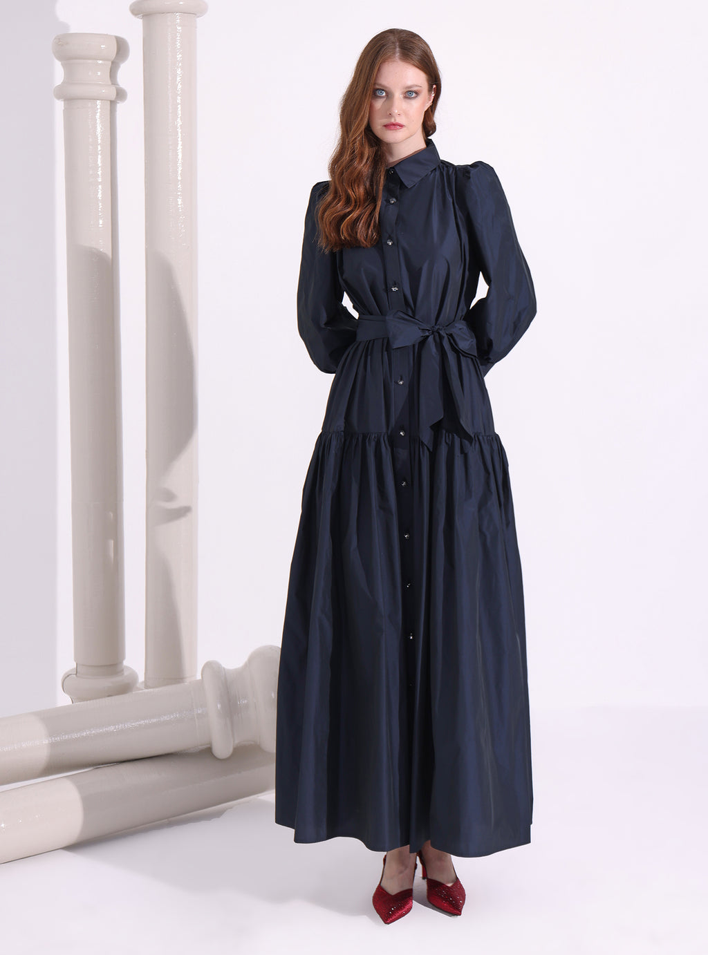 Navy Taffeta Cristal Button Maxi Dress - Store WF