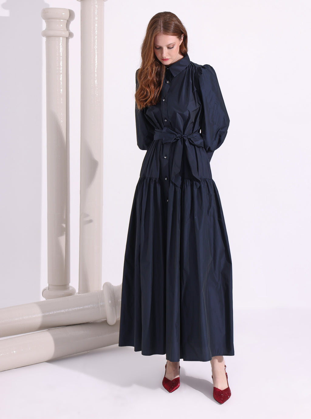 Navy Taffeta Cristal Button Maxi Dress - Store WF