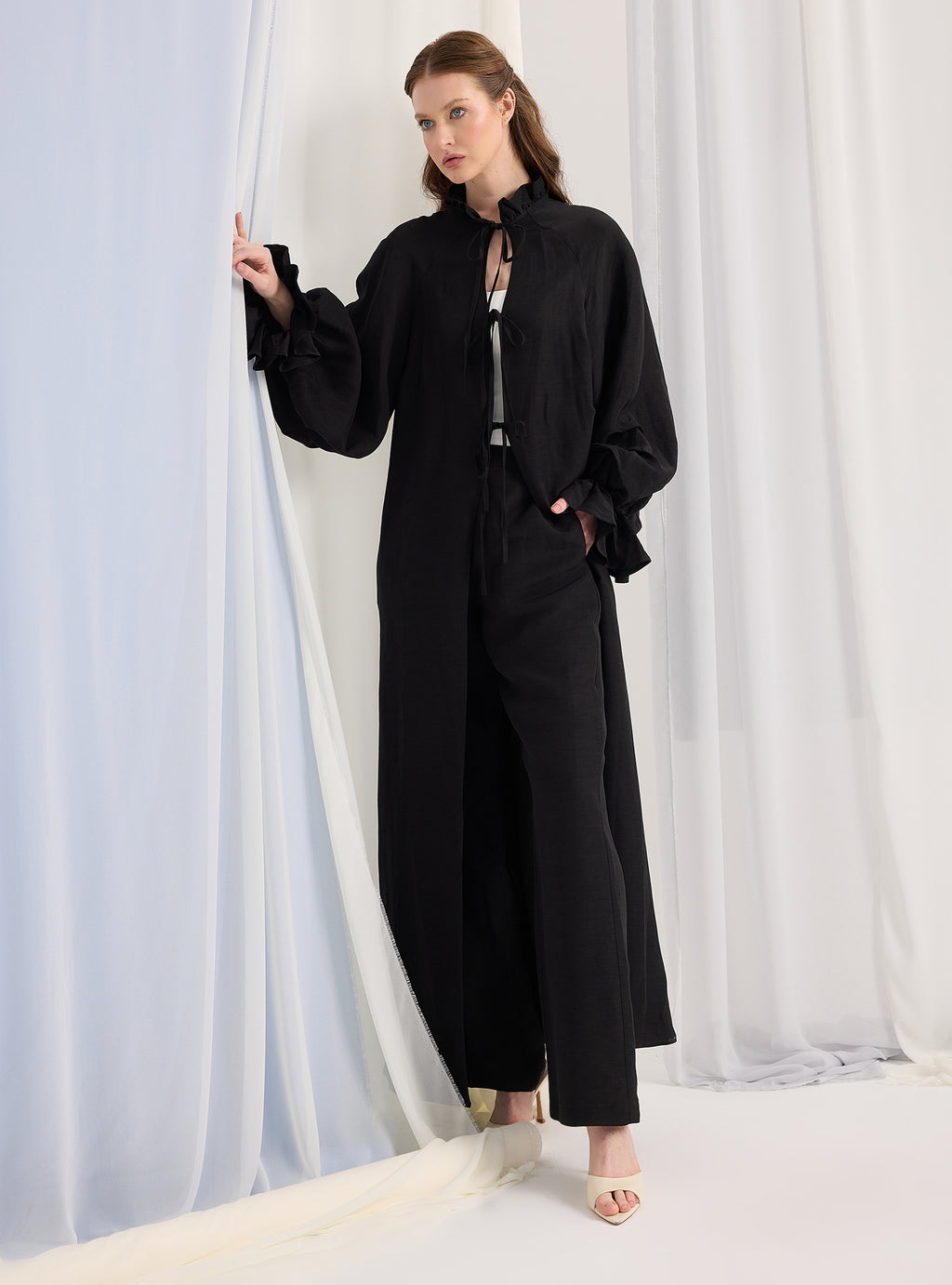 Black Balloon Sleeve Kimono Trousers Set - Store WF