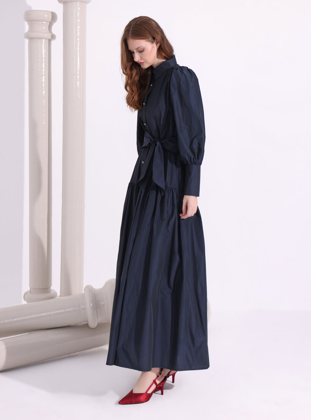 Navy Taffeta Cristal Button Maxi Dress - Store WF