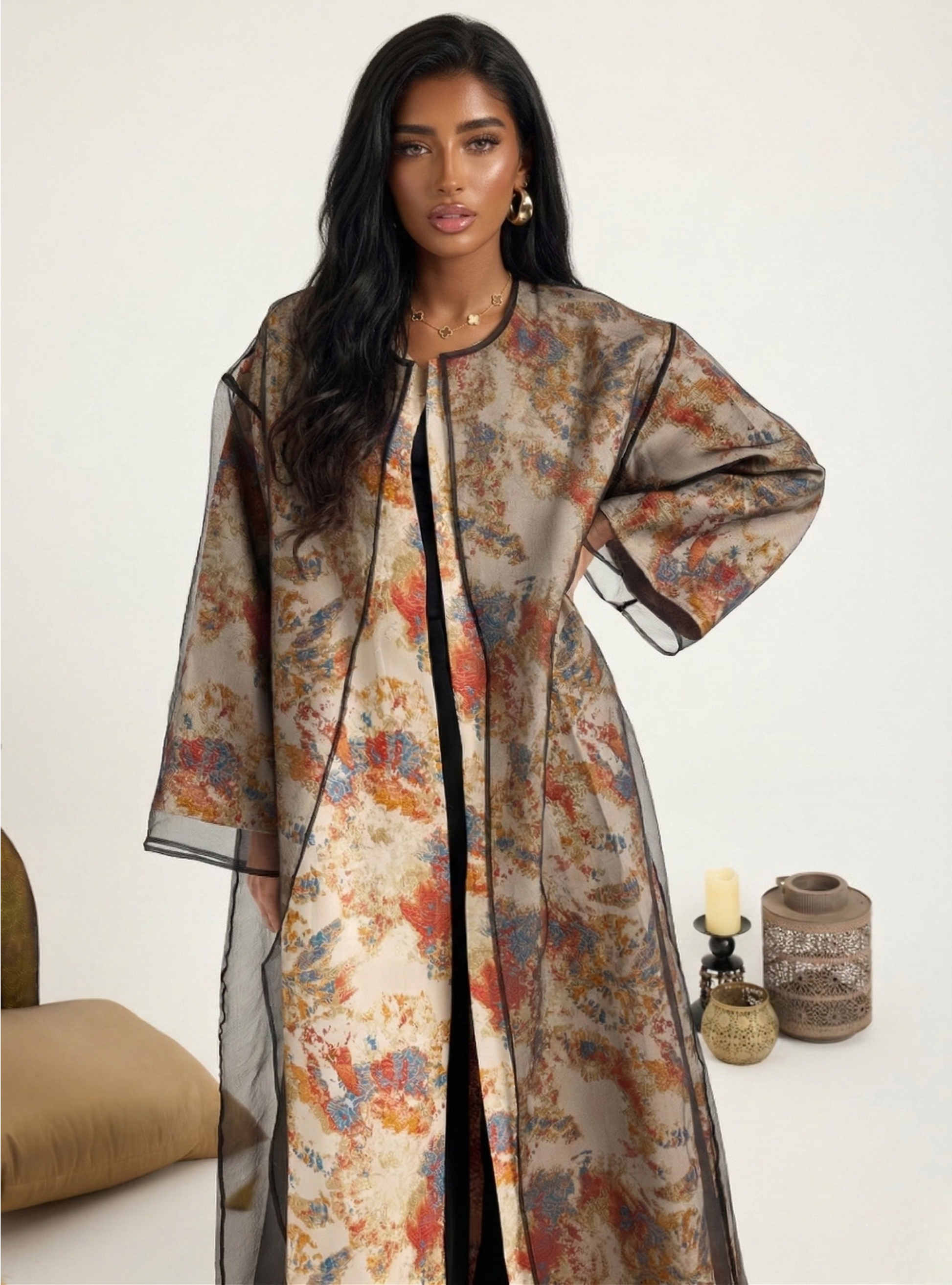 Two-Piece Double Layer Orange jaquarde Organze Abaya - Store WF