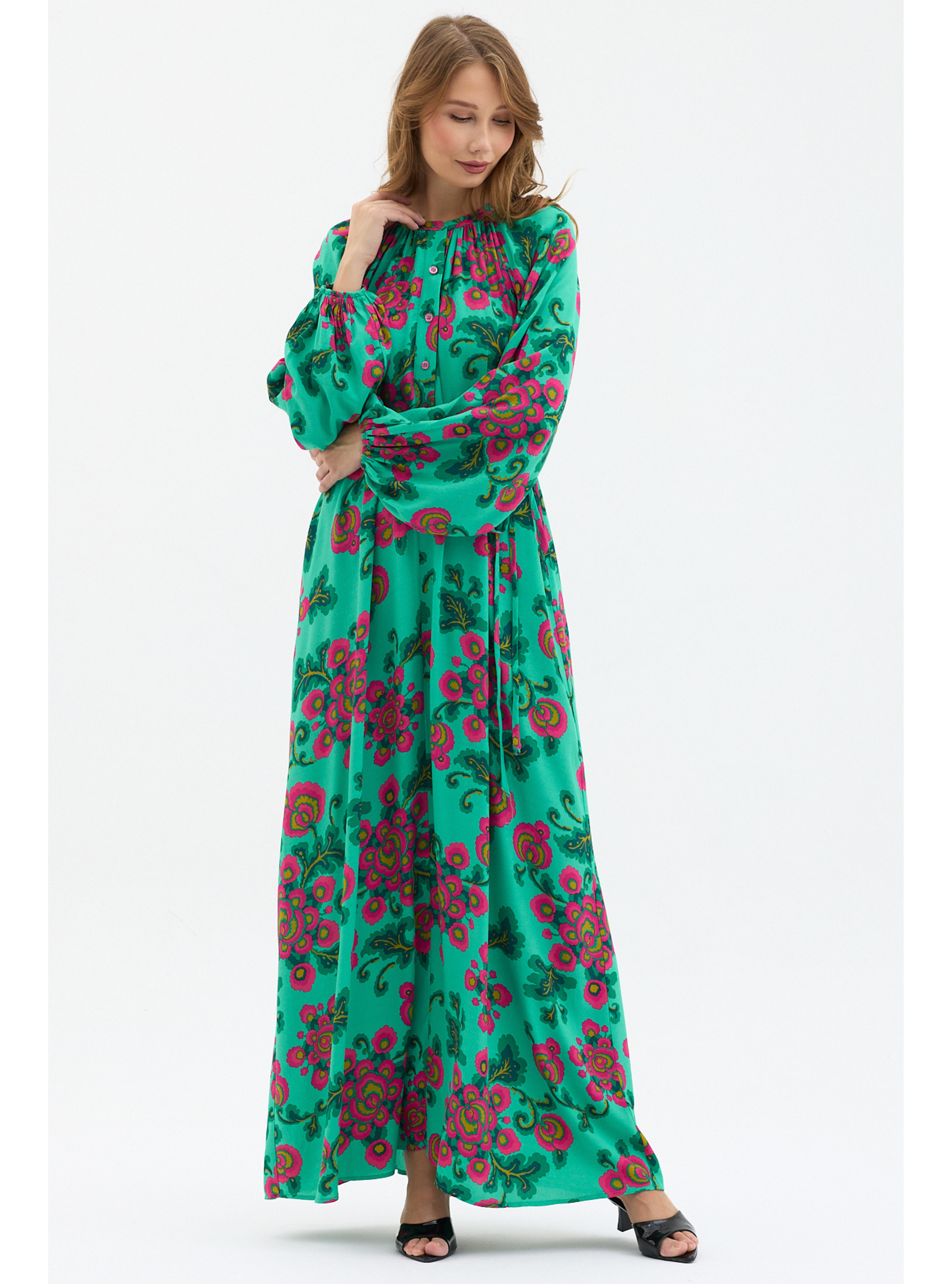 Green Floral Print Maxi Dress with Belted Waist & Balloon Sleeves - Store WF
