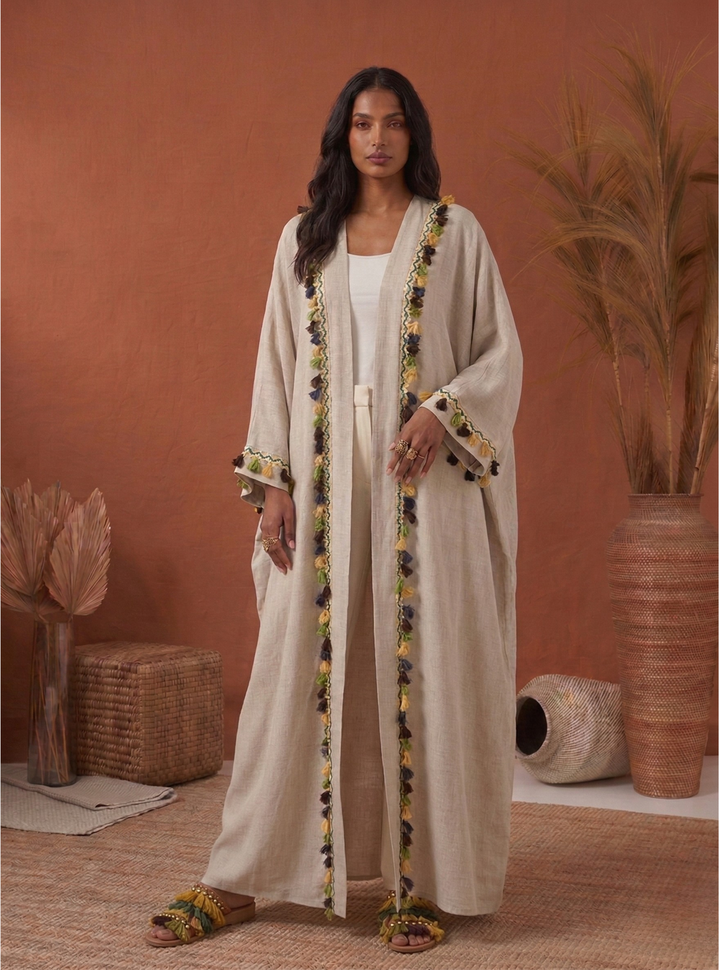⁠Boho Tassel Flow Kaftan Abaya - Store WF