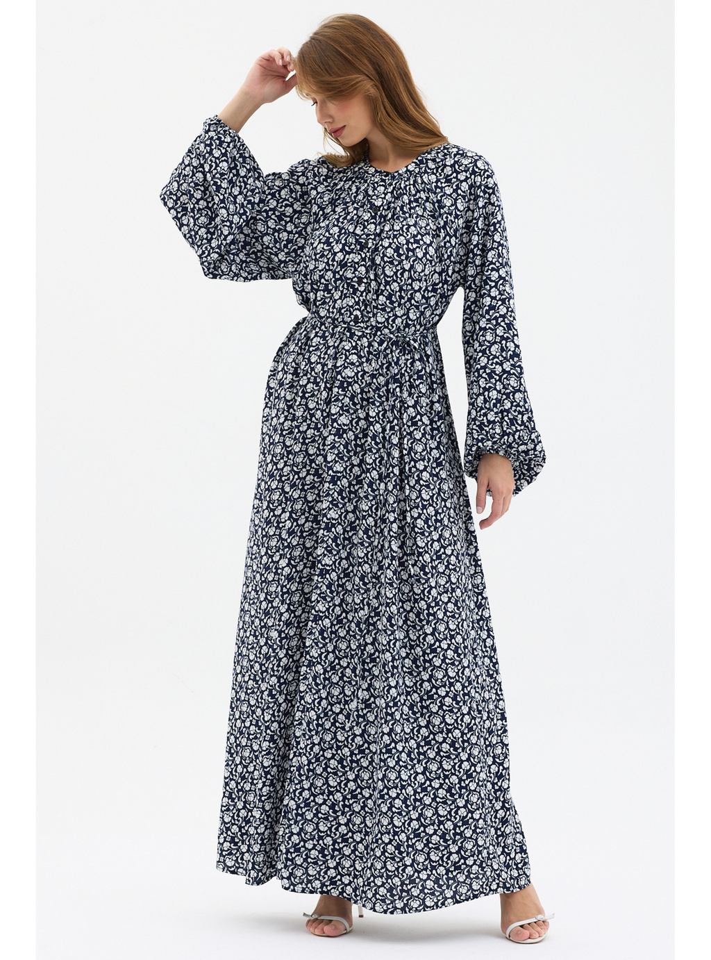 Navy Print Belted Maxi Dress - Store WF