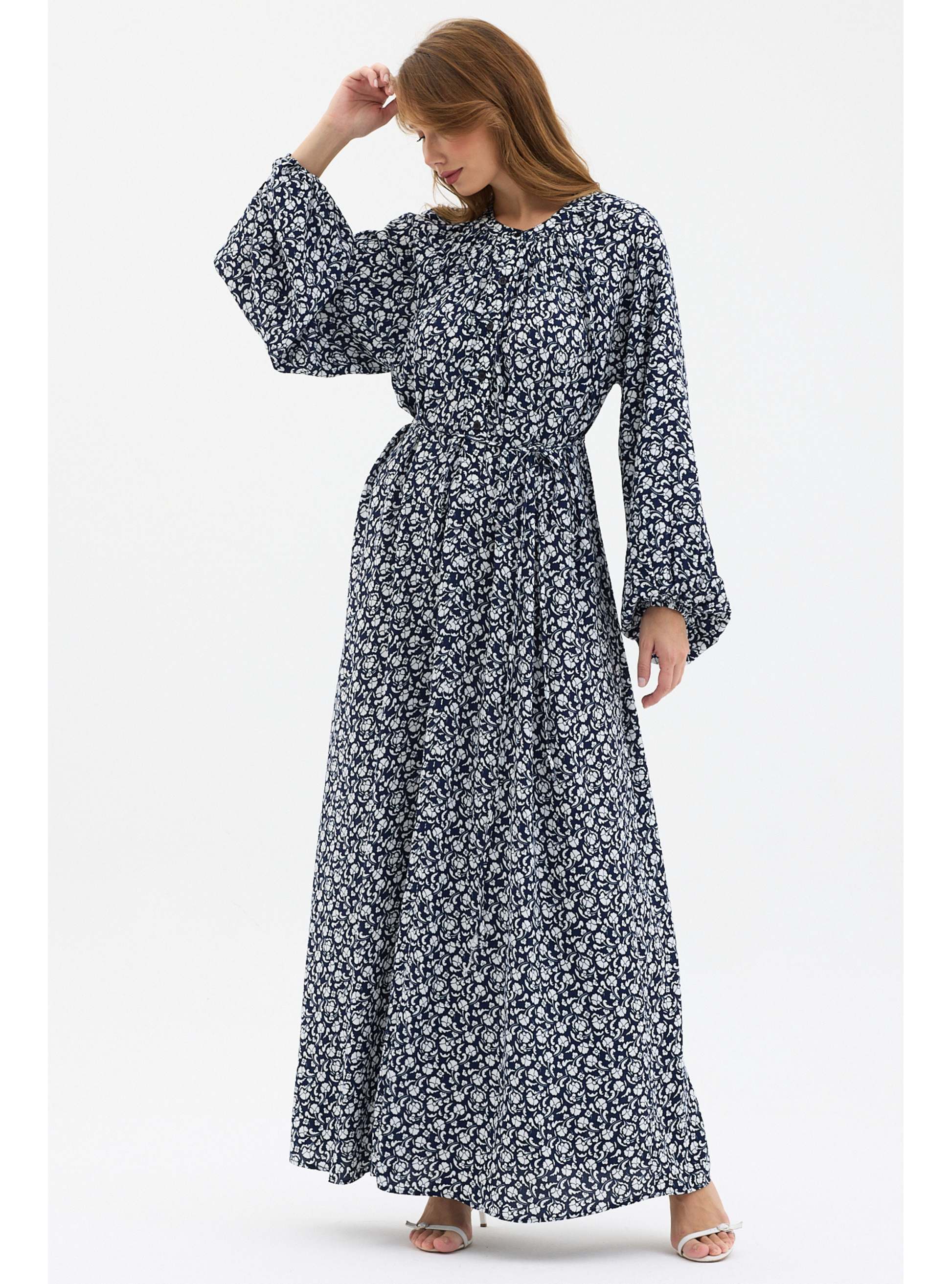 Navy Print Belted Maxi Dress - Store WF