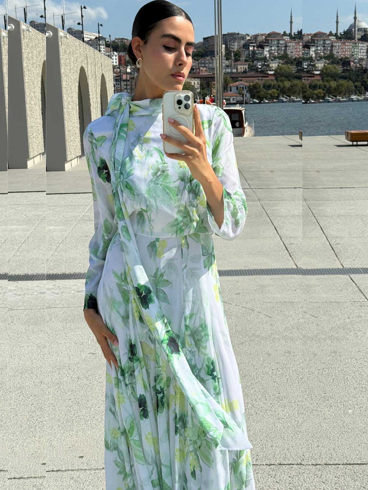 Green Watercolor Bloom Chiffon Maxi Dress