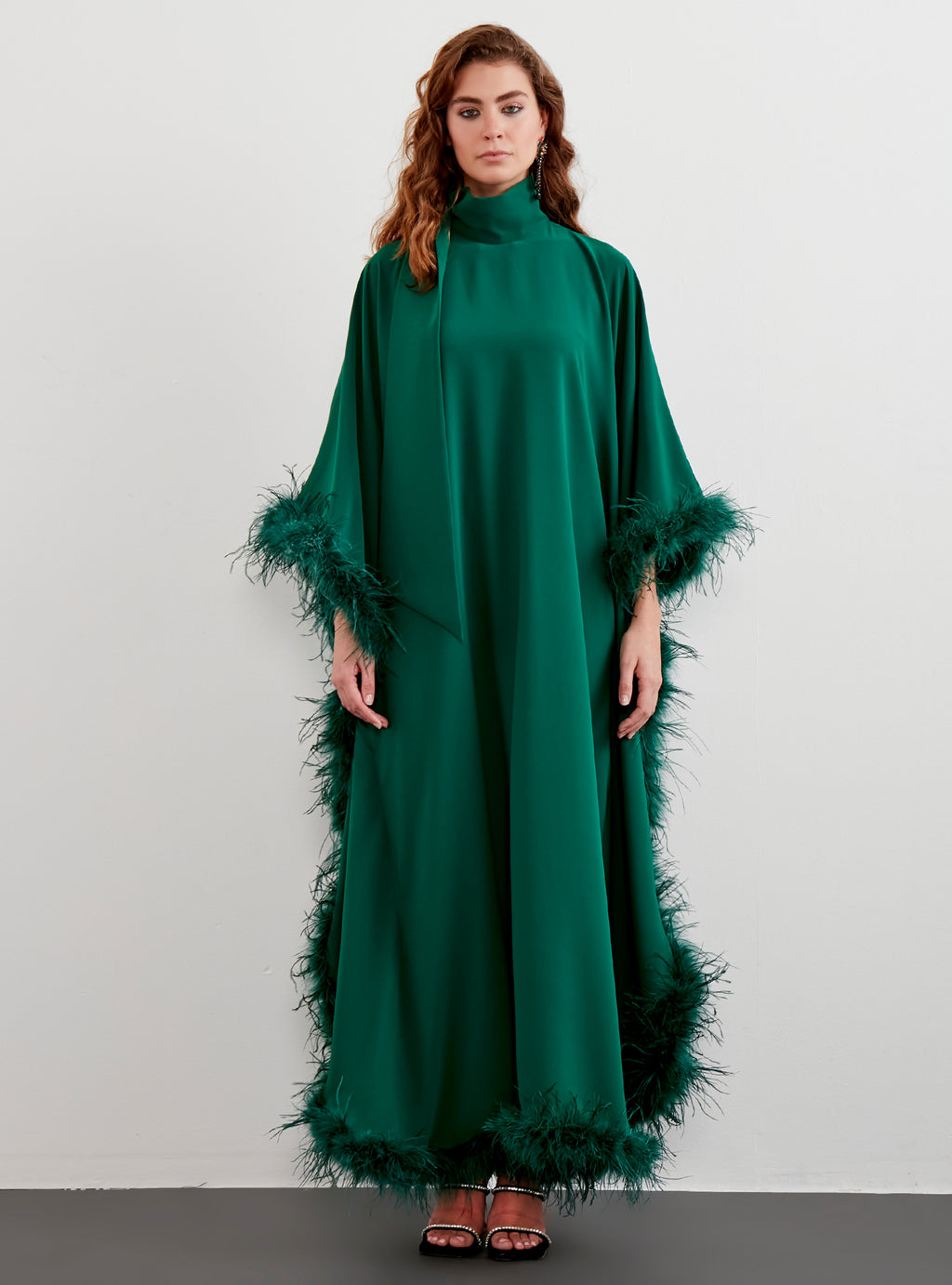 Feather Trimmed Emireld Kaftan Dress