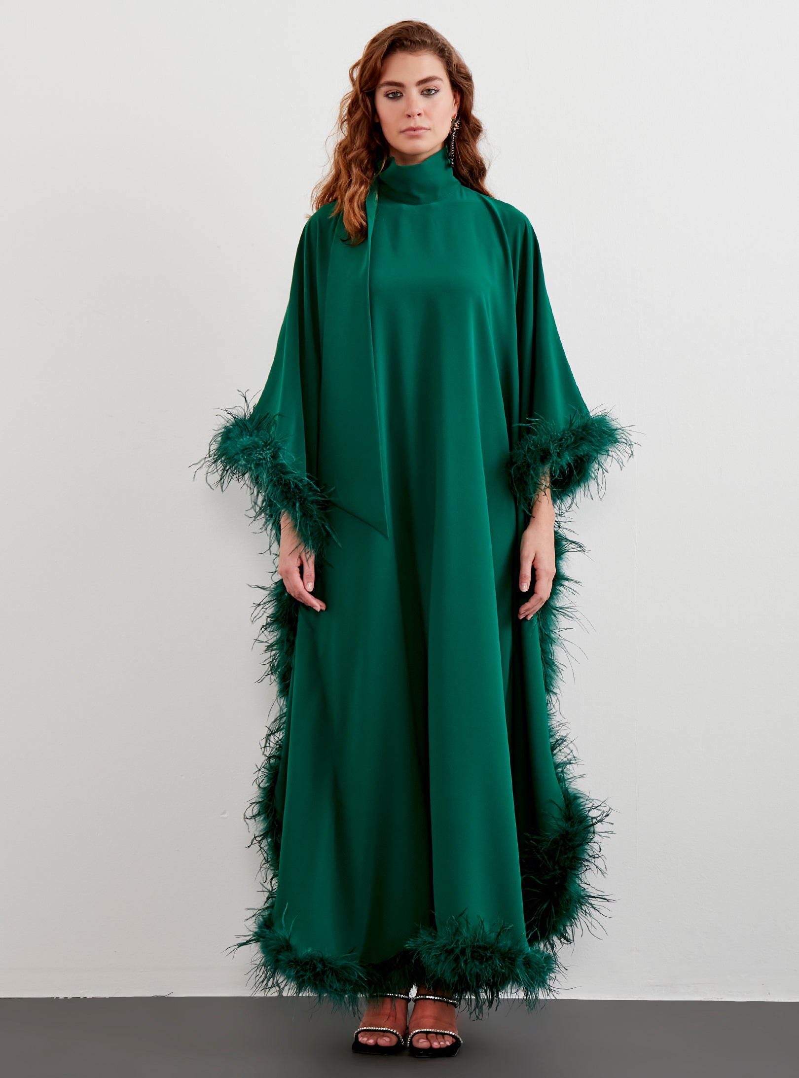 Feather Trimmed Emireld Kaftan Dress