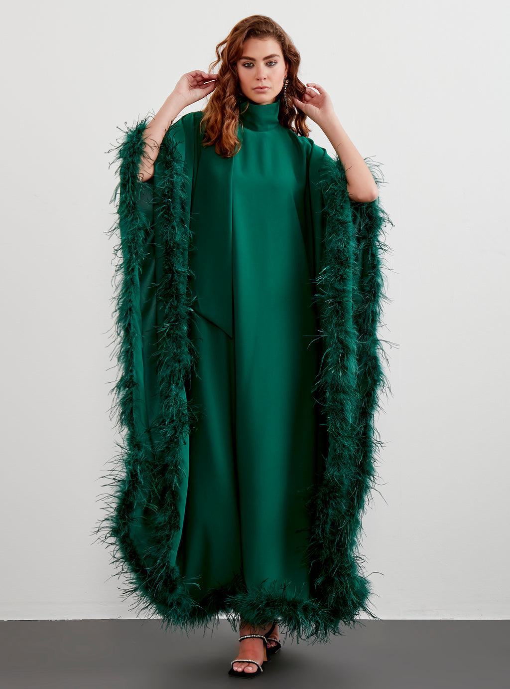 Feather Trimmed Emireld Kaftan Dress