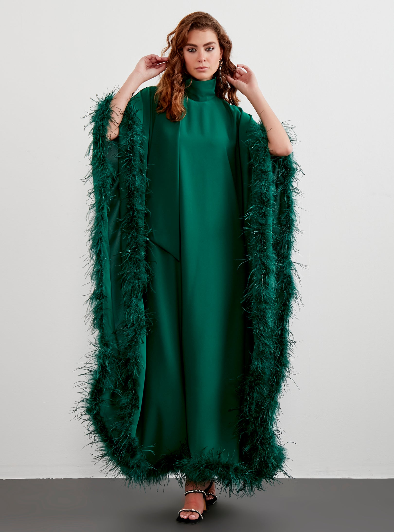 Feather Trimmed Emireld Kaftan Dress