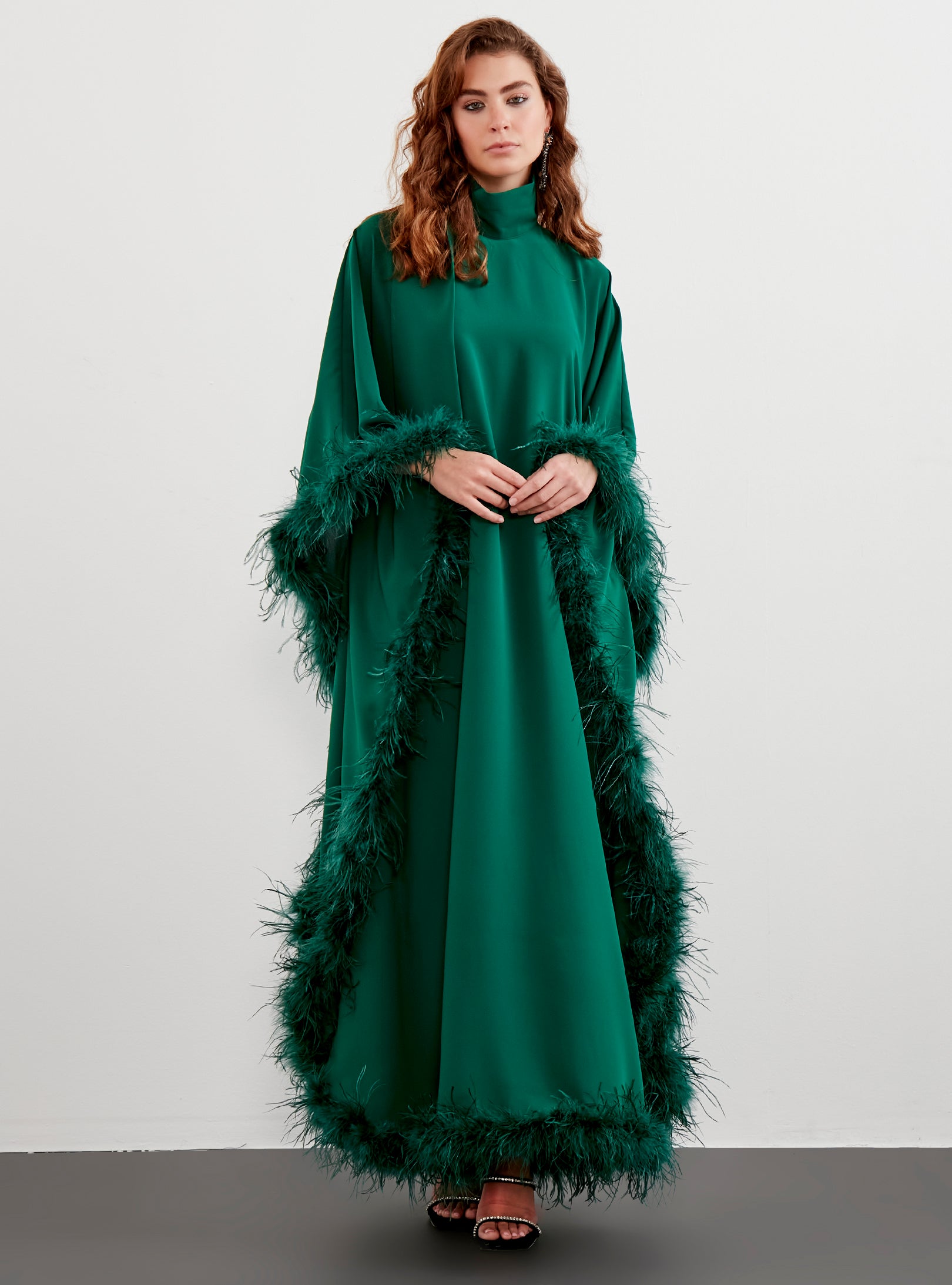 Feather Trimmed Emireld Kaftan Dress