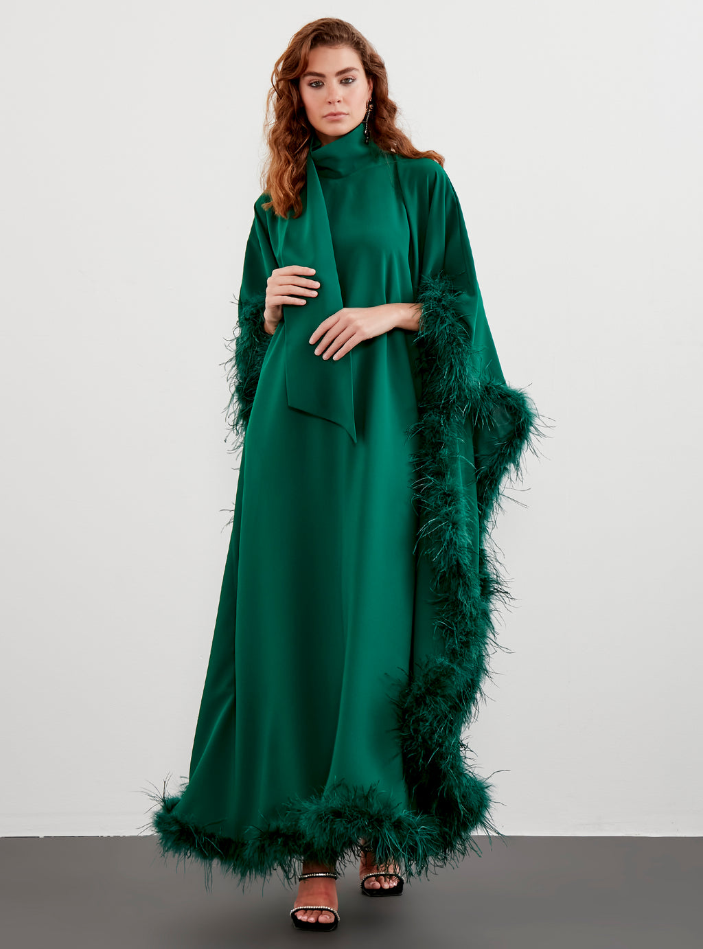 Feather Trimmed Emireld Kaftan Dress