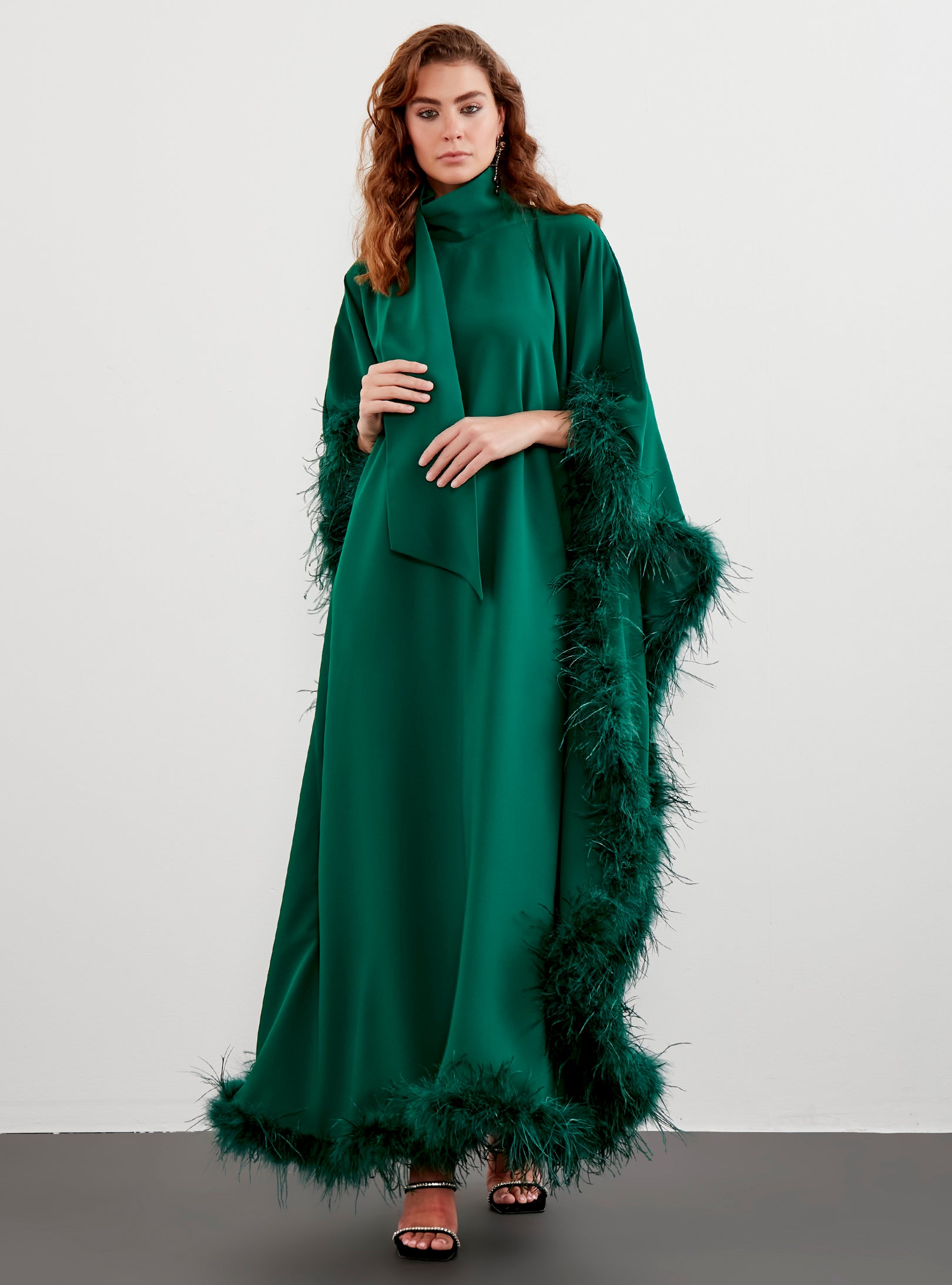 Feather Trimmed Emireld Kaftan Dress