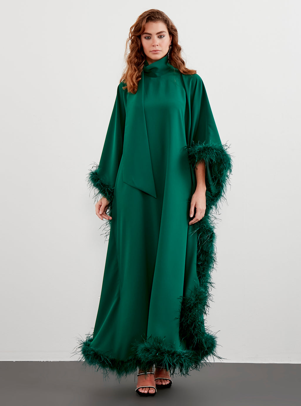 Feather Trimmed Emireld Kaftan Dress