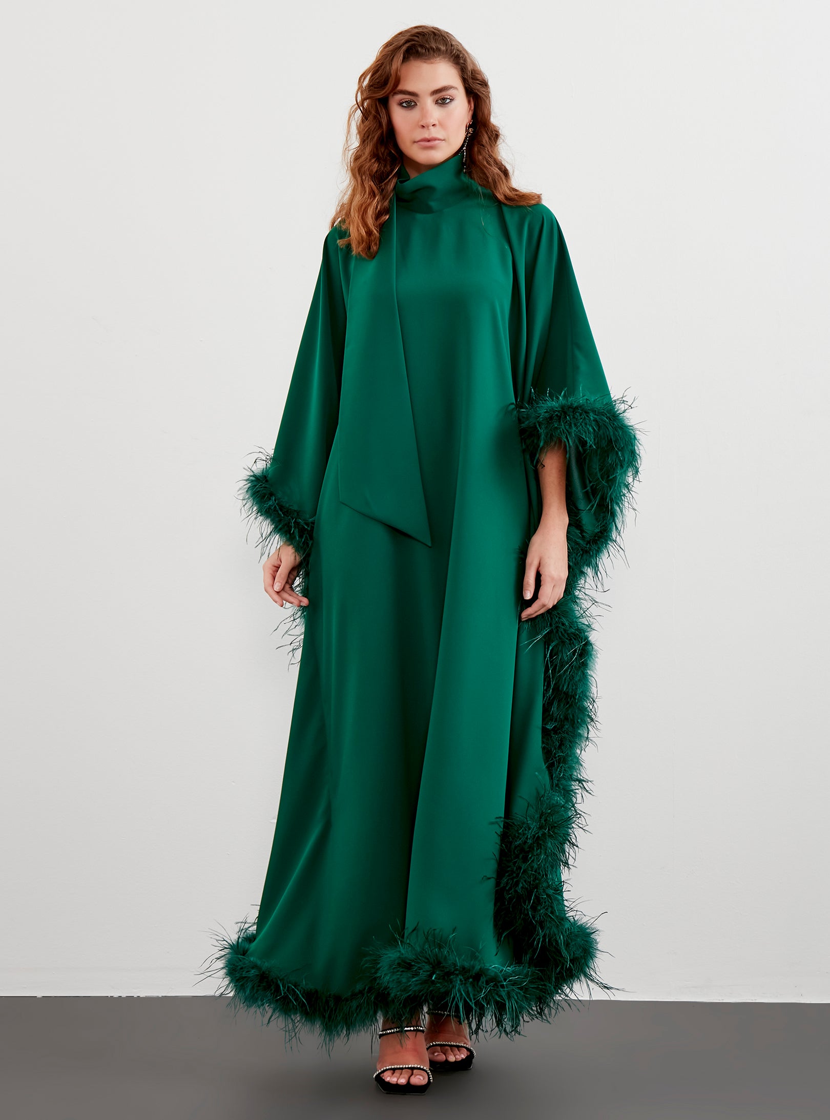 Feather Trimmed Emireld Kaftan Dress