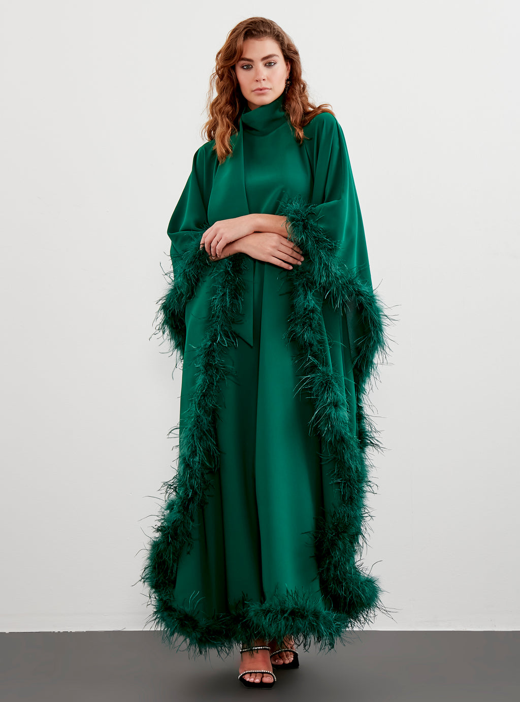 Feather Trimmed Emireld Kaftan Dress