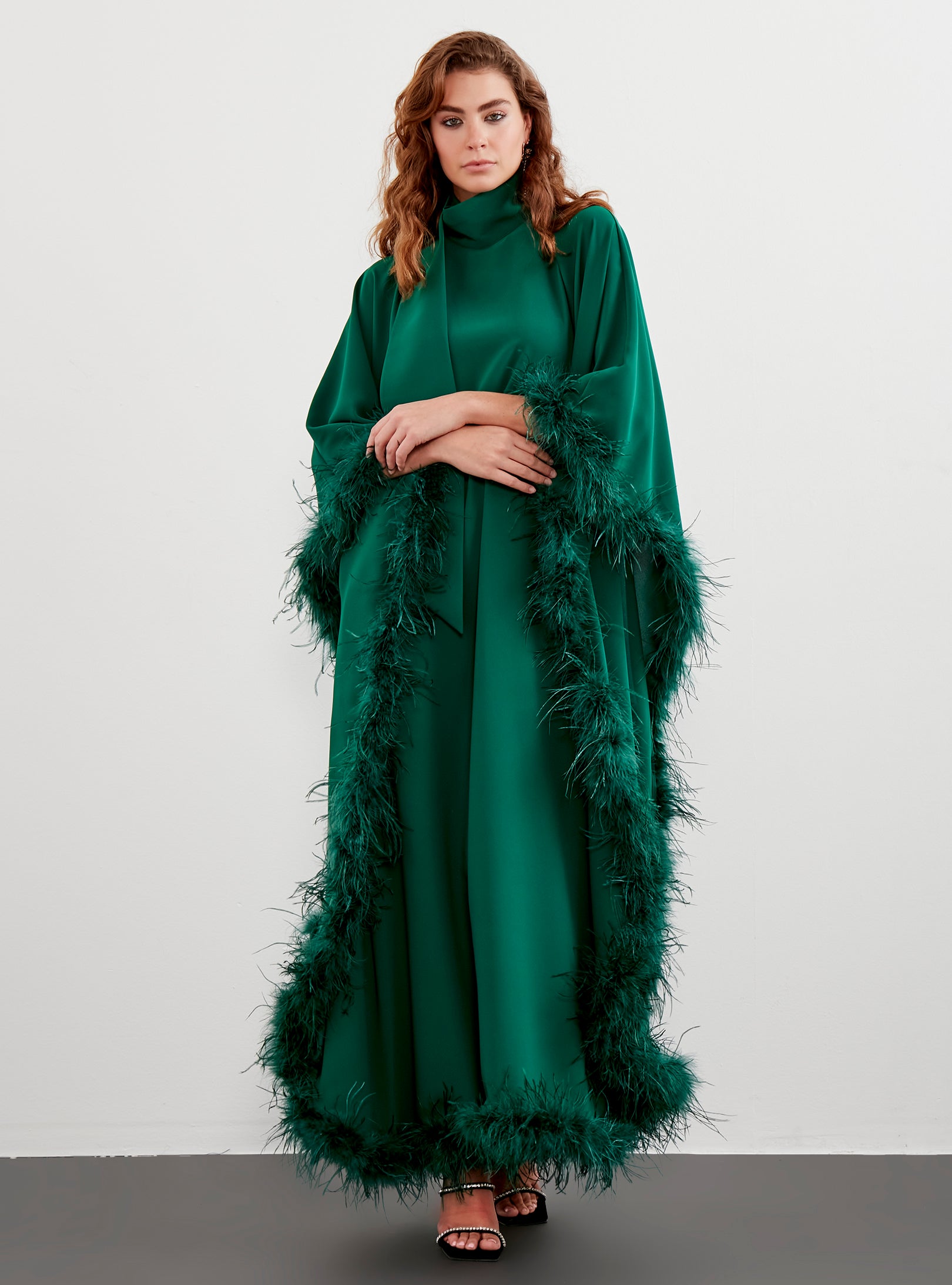 Feather Trimmed Emireld Kaftan Dress