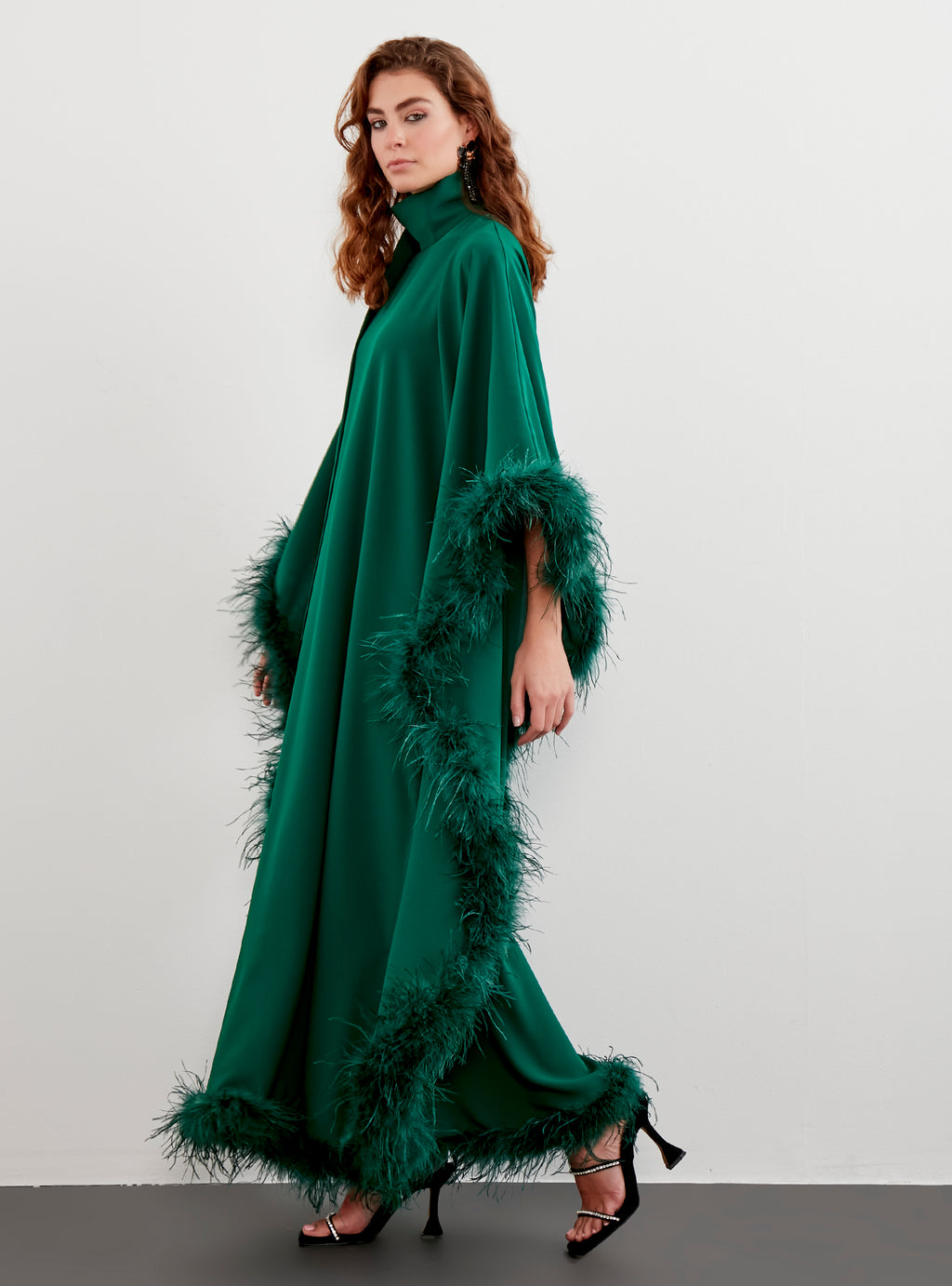 Feather Trimmed Emireld Kaftan Dress