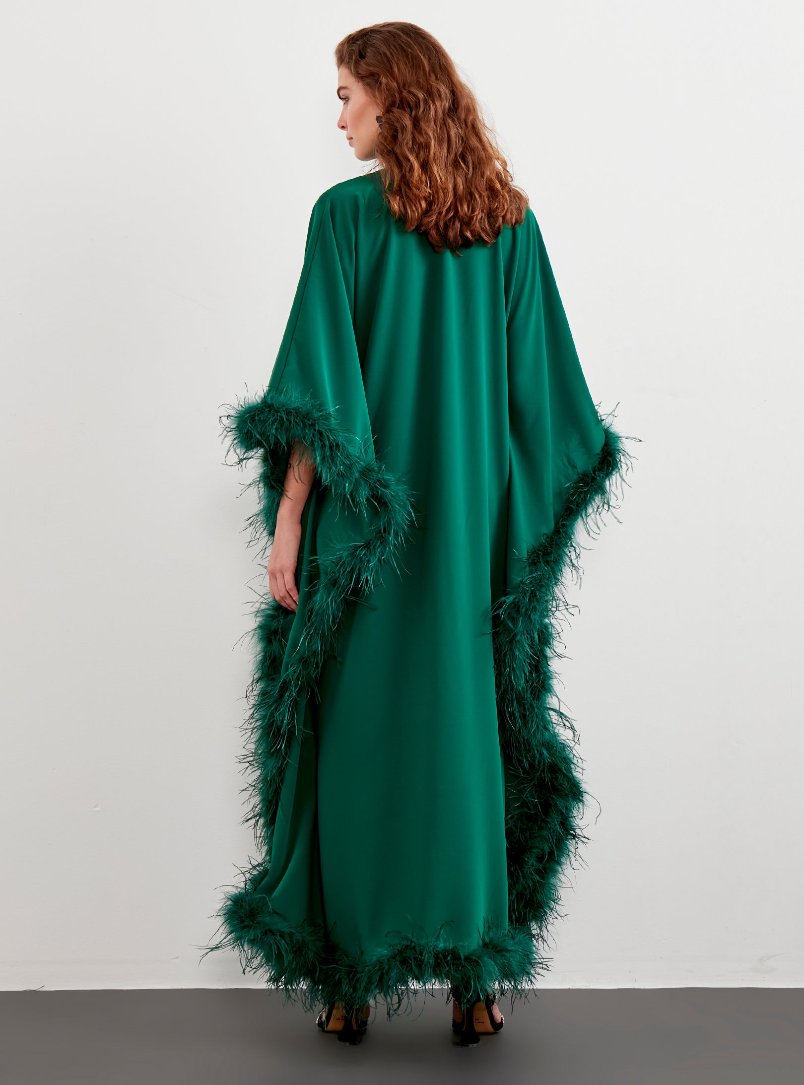 Feather Trimmed Emireld Kaftan Dress
