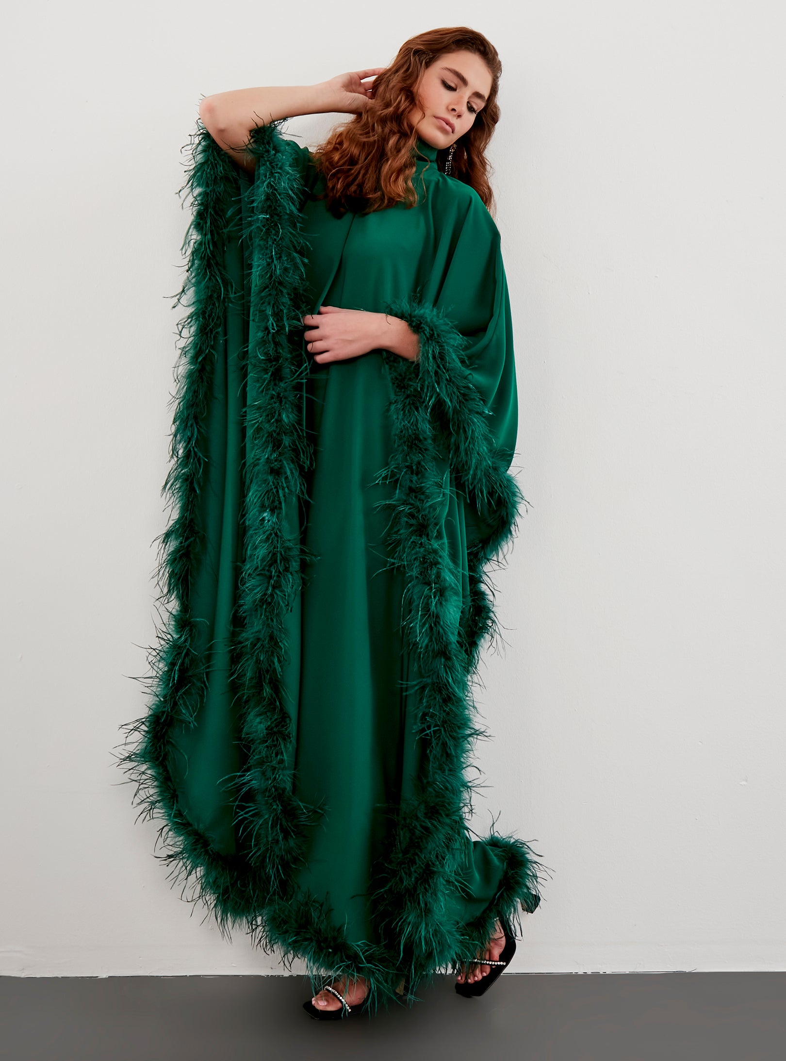 Feather Trimmed Emireld Kaftan Dress