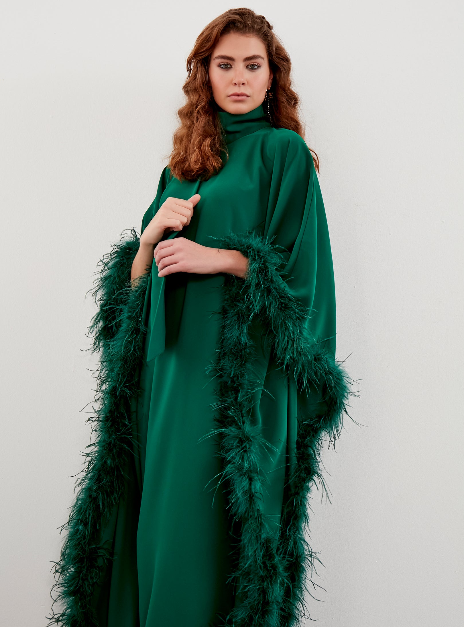 Feather Trimmed Emireld Kaftan Dress