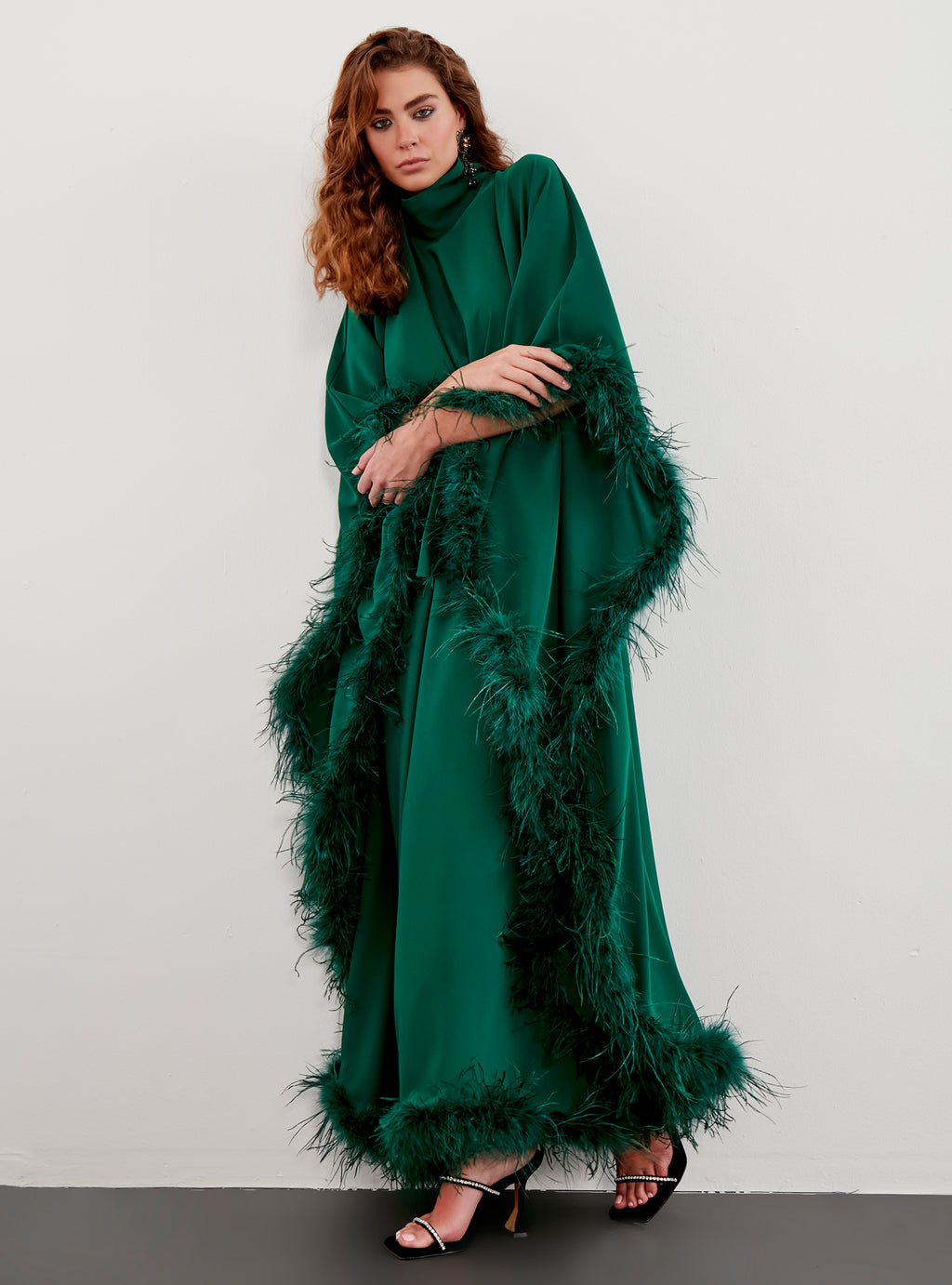 Feather Trimmed Emireld Kaftan Dress