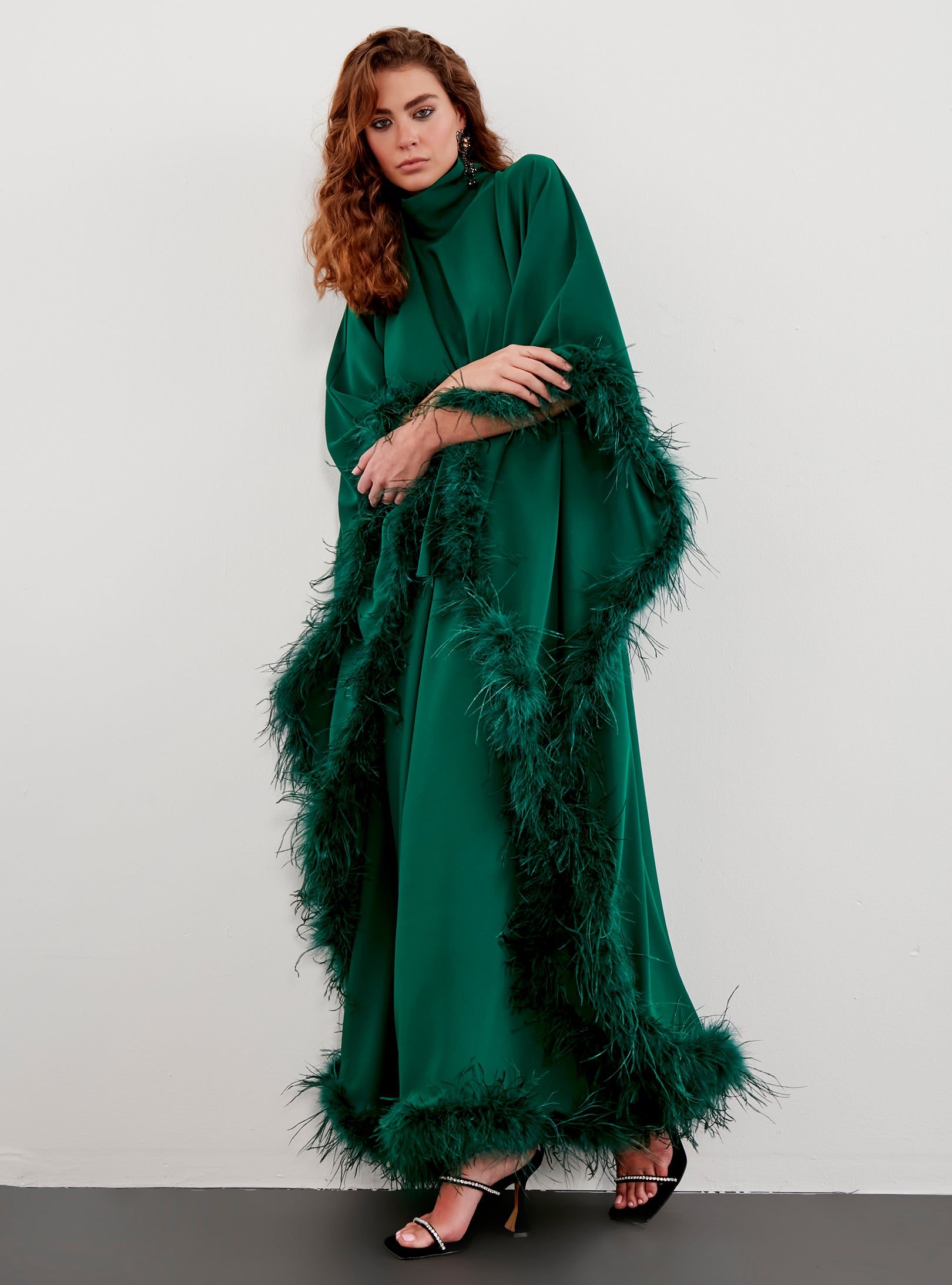 Feather Trimmed Emireld Kaftan Dress