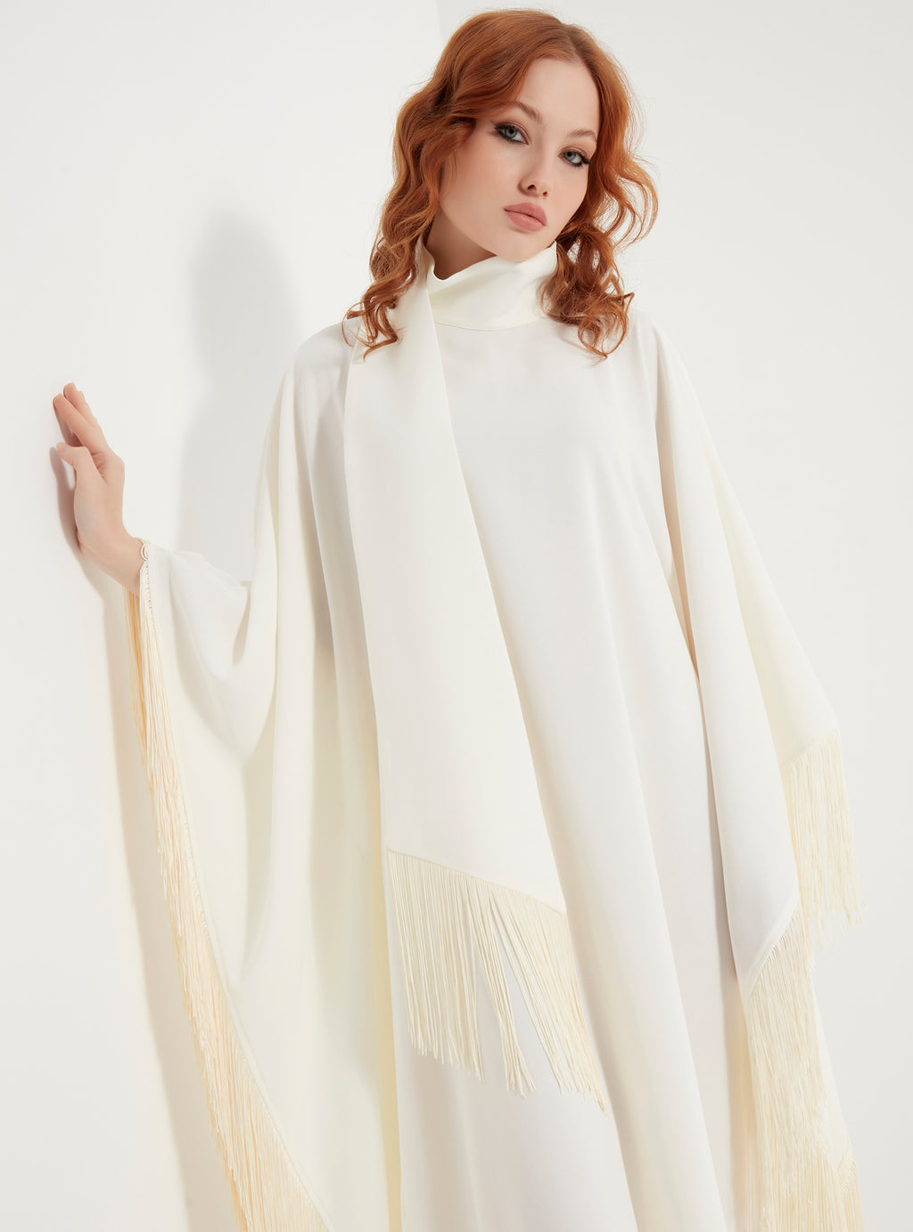 Off White Fringed Kaftan Dress With Tie Neck Detailed - Store WF