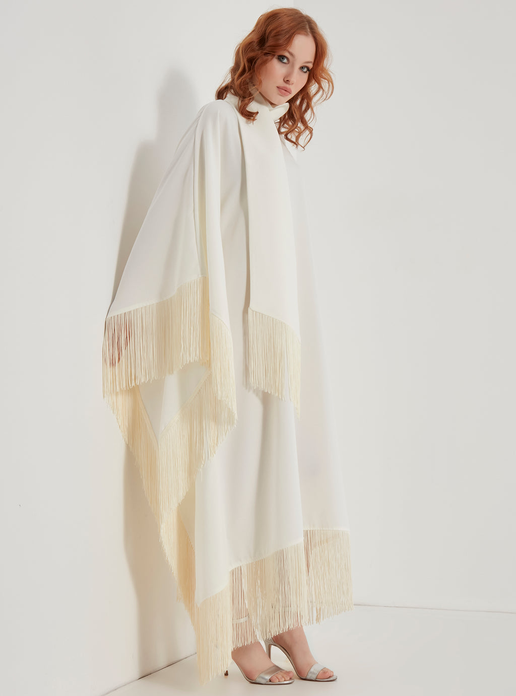 Off White Fringed Kaftan Dress With Tie Neck Detailed - Store WF