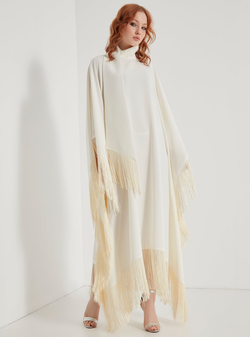 Off White Fringed Kaftan Dress With Tie Neck Detailed - Store WF