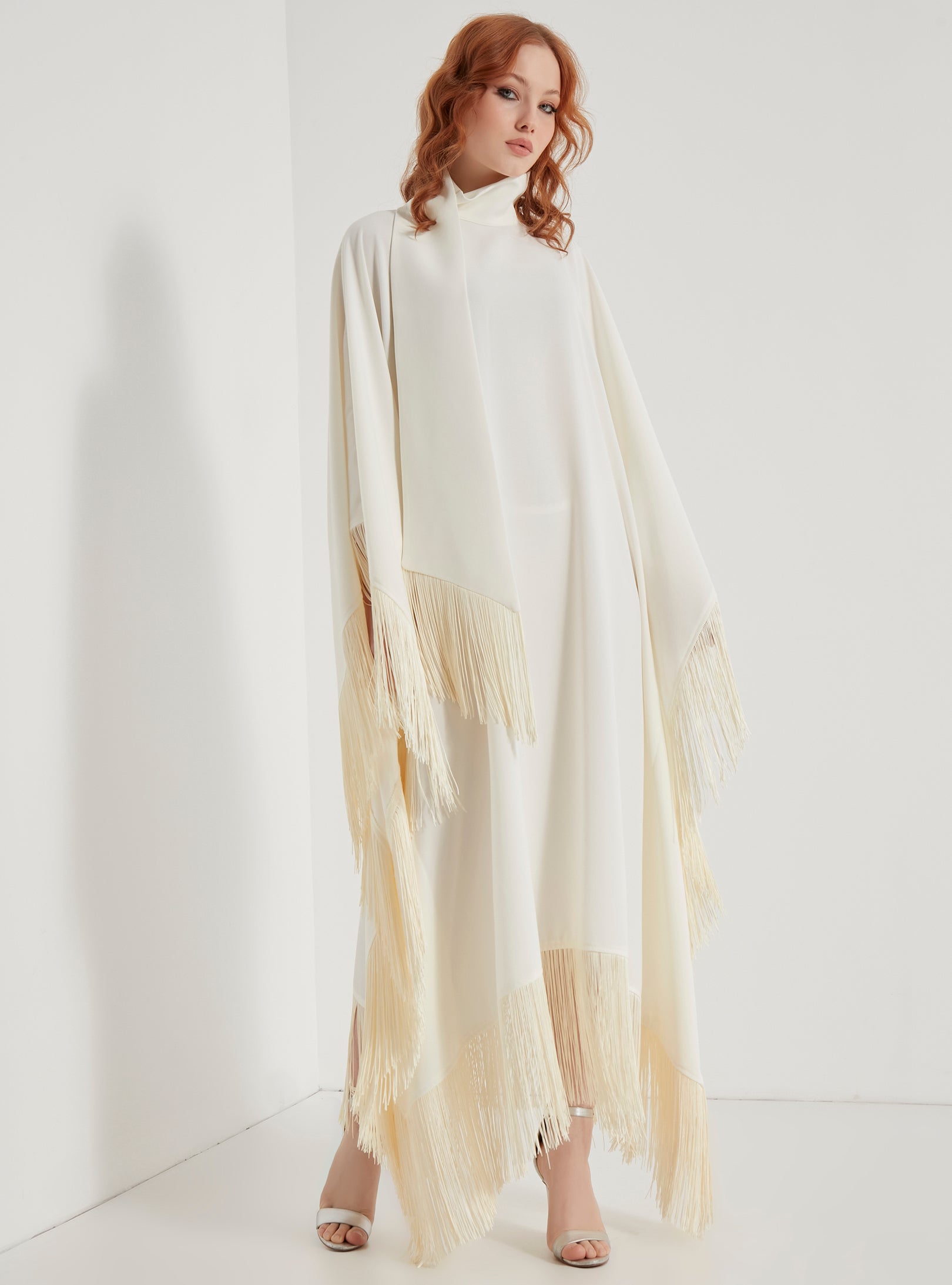 Off White Fringed Kaftan Dress With Tie Neck Detailed - Store WF