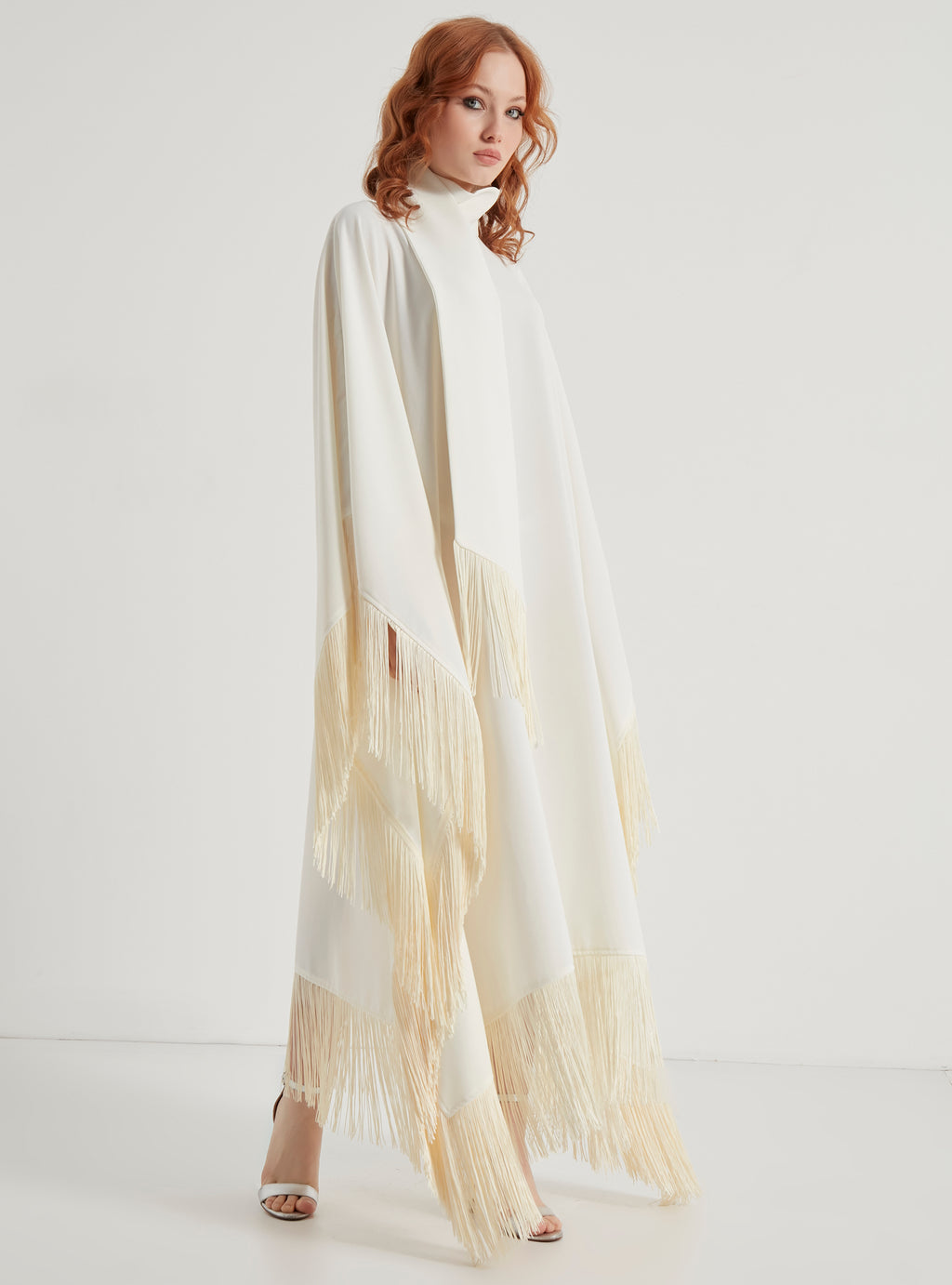 Off White Fringed Kaftan Dress With Tie Neck Detailed - Store WF