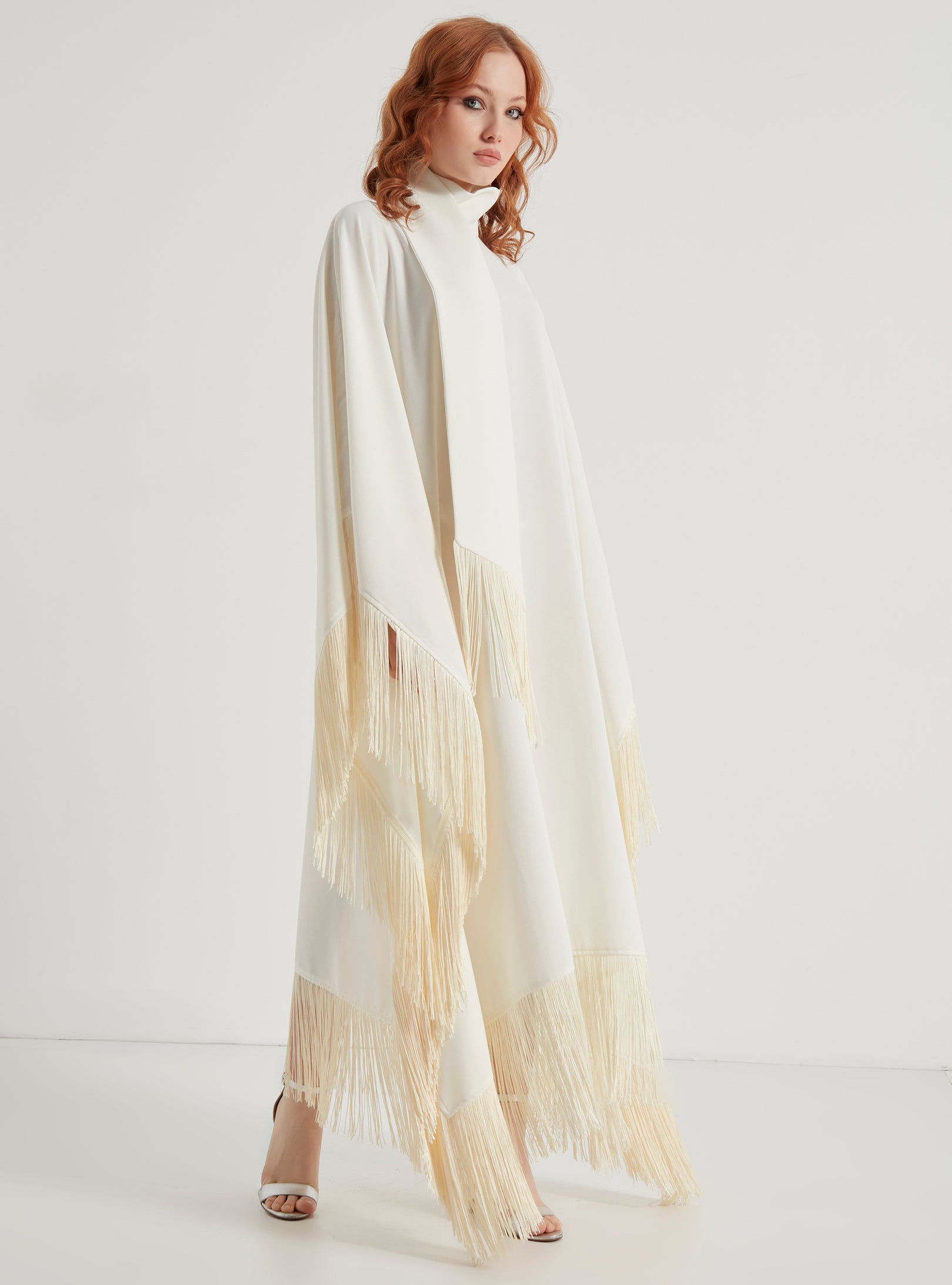 Off White Fringed Kaftan Dress With Tie Neck Detailed - Store WF
