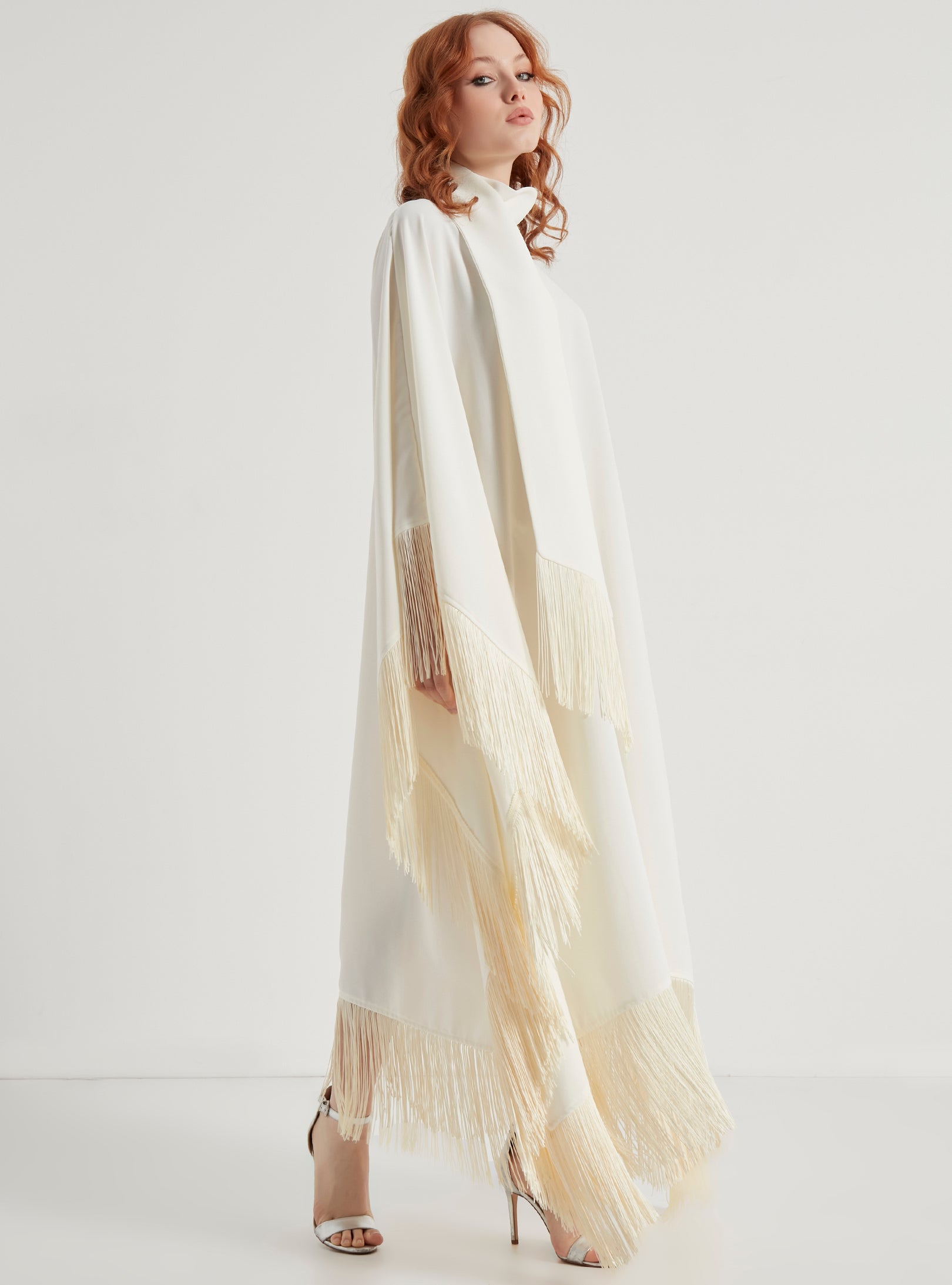 Off White Fringed Kaftan Dress With Tie Neck Detailed - Store WF