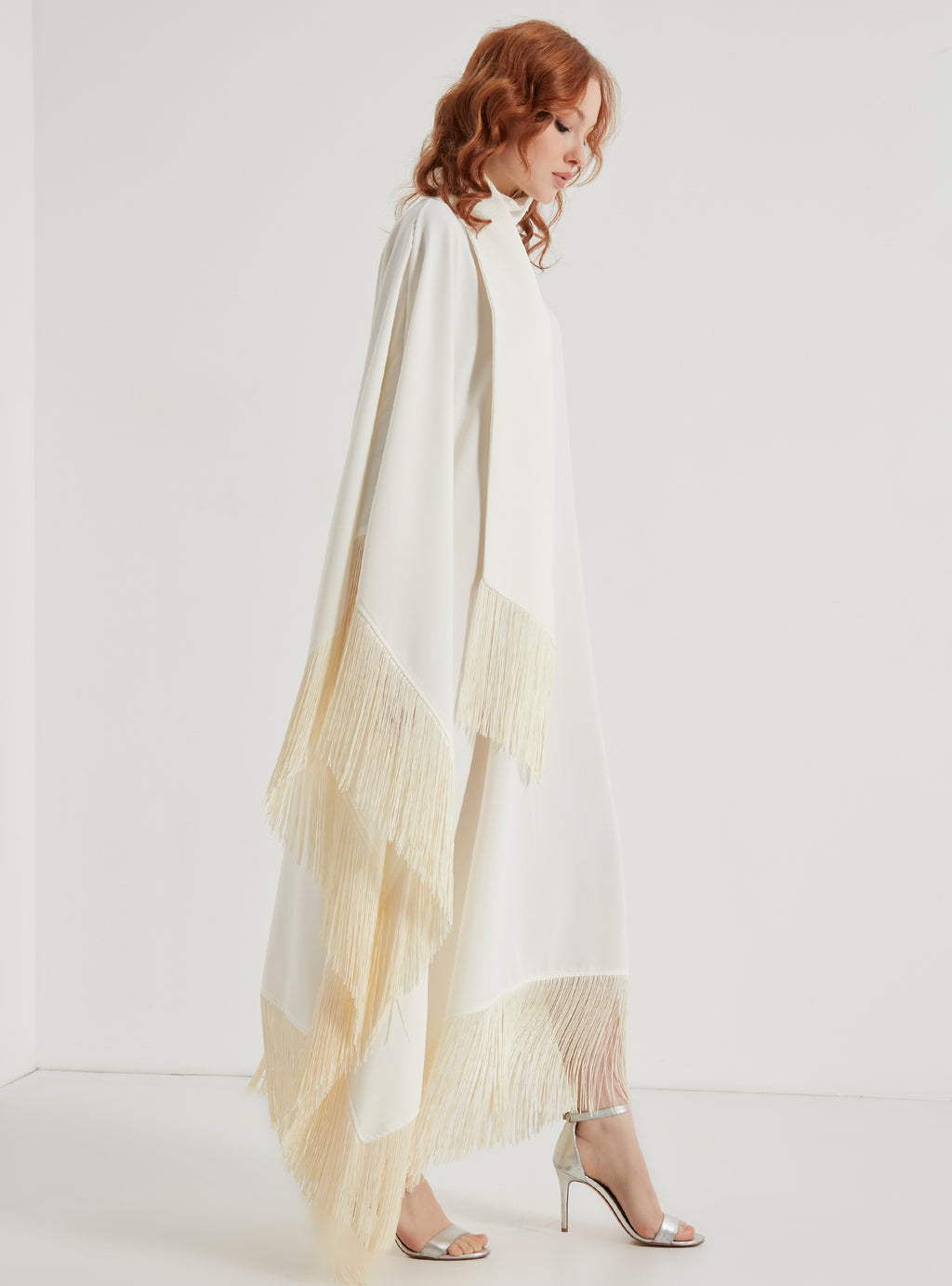 Off White Fringed Kaftan Dress With Tie Neck Detailed - Store WF