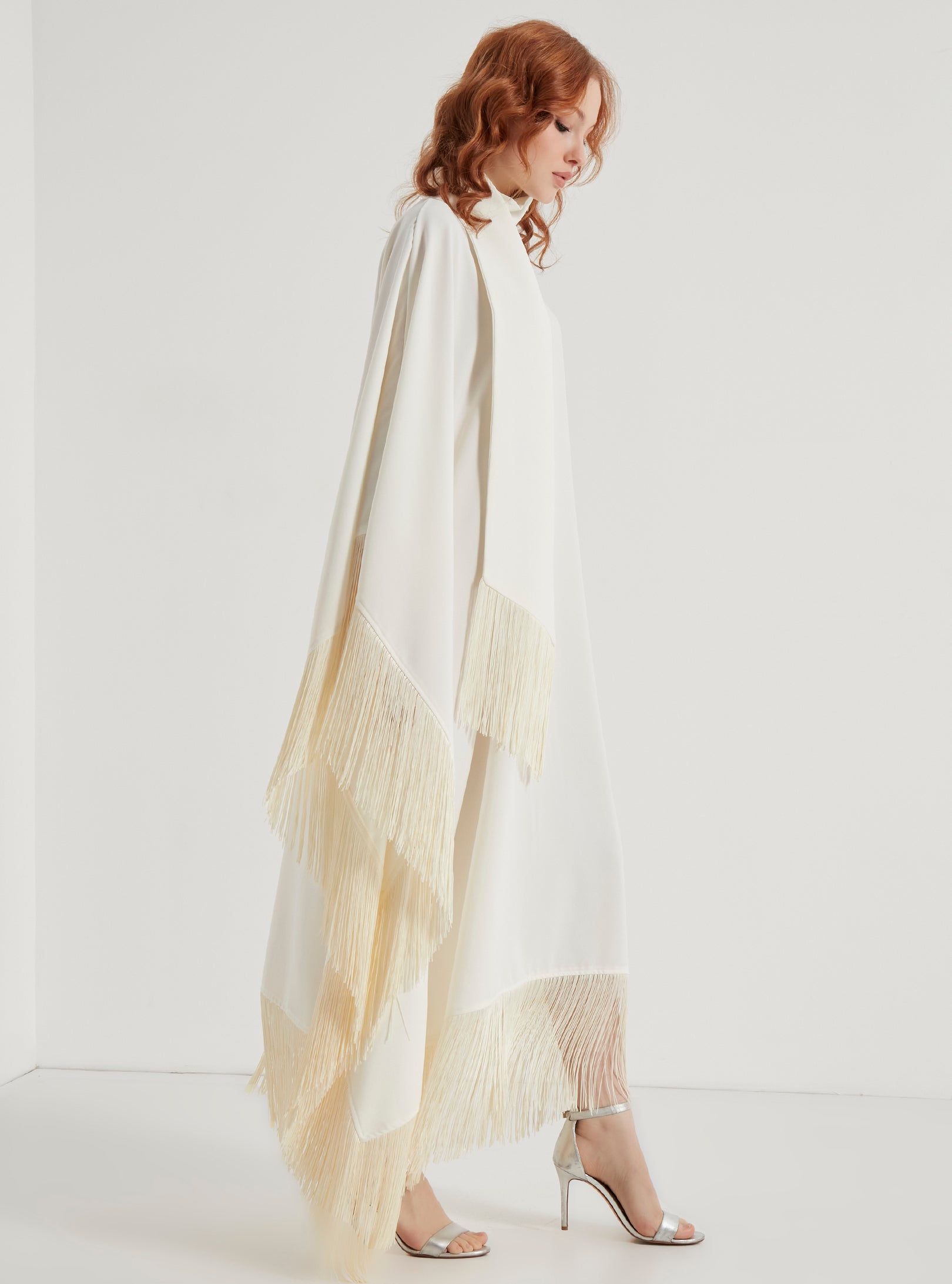 Off White Fringed Kaftan Dress With Tie Neck Detailed - Store WF