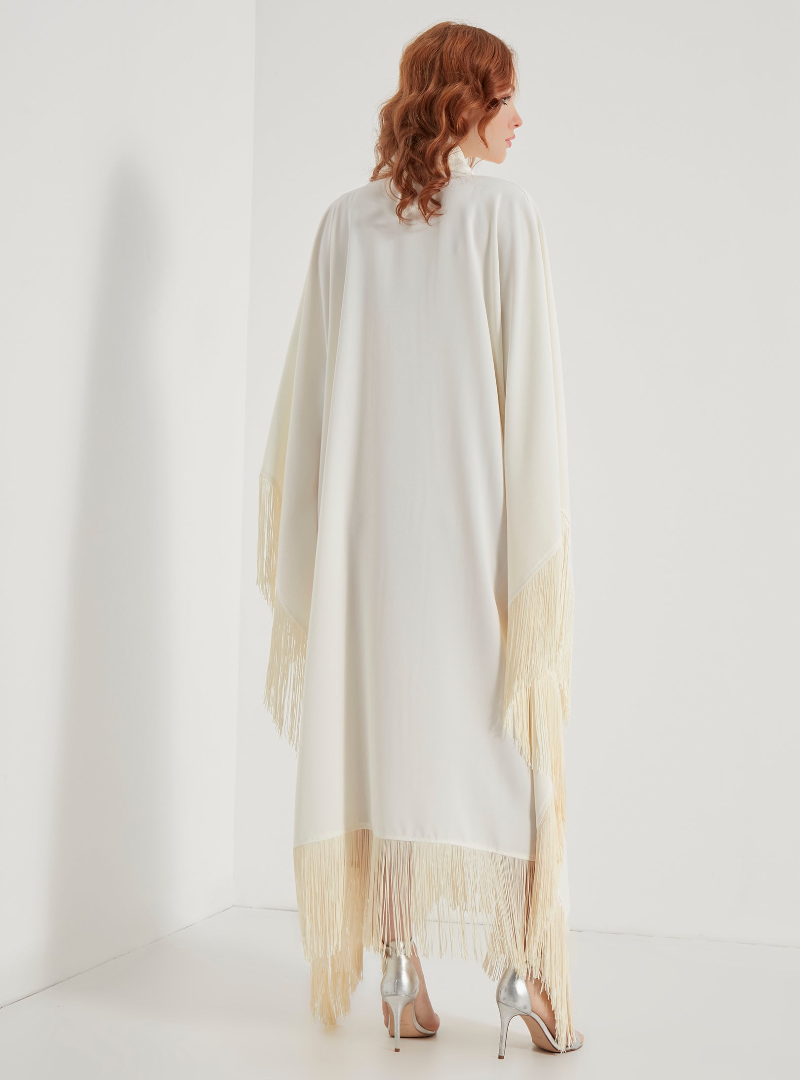 Off White Fringed Kaftan Dress With Tie Neck Detailed - Store WF