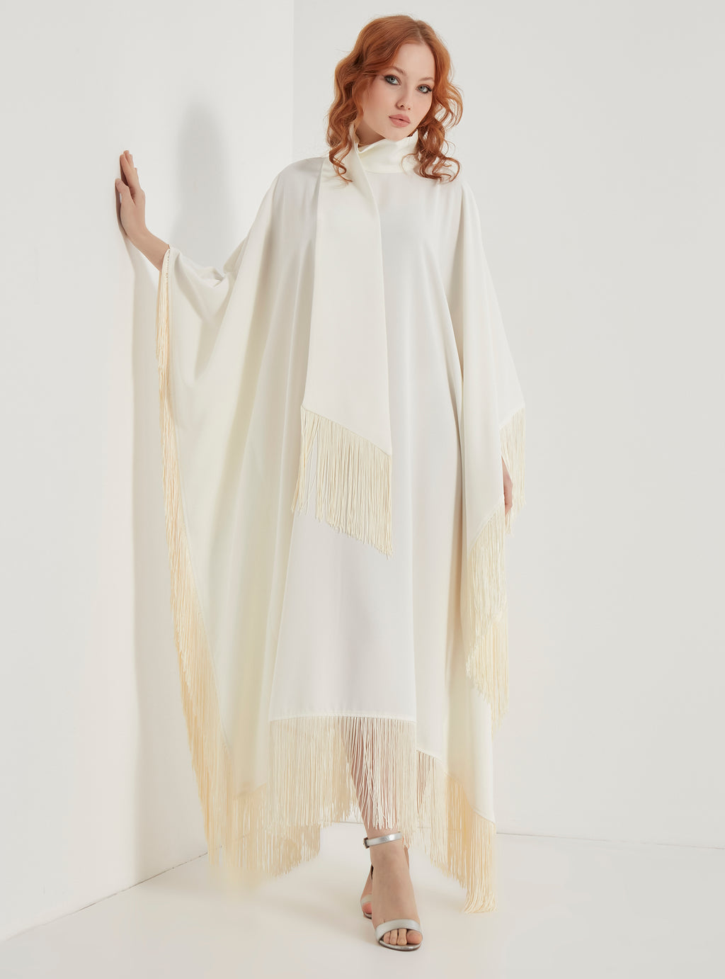 Off White Fringed Kaftan Dress With Tie Neck Detailed - Store WF