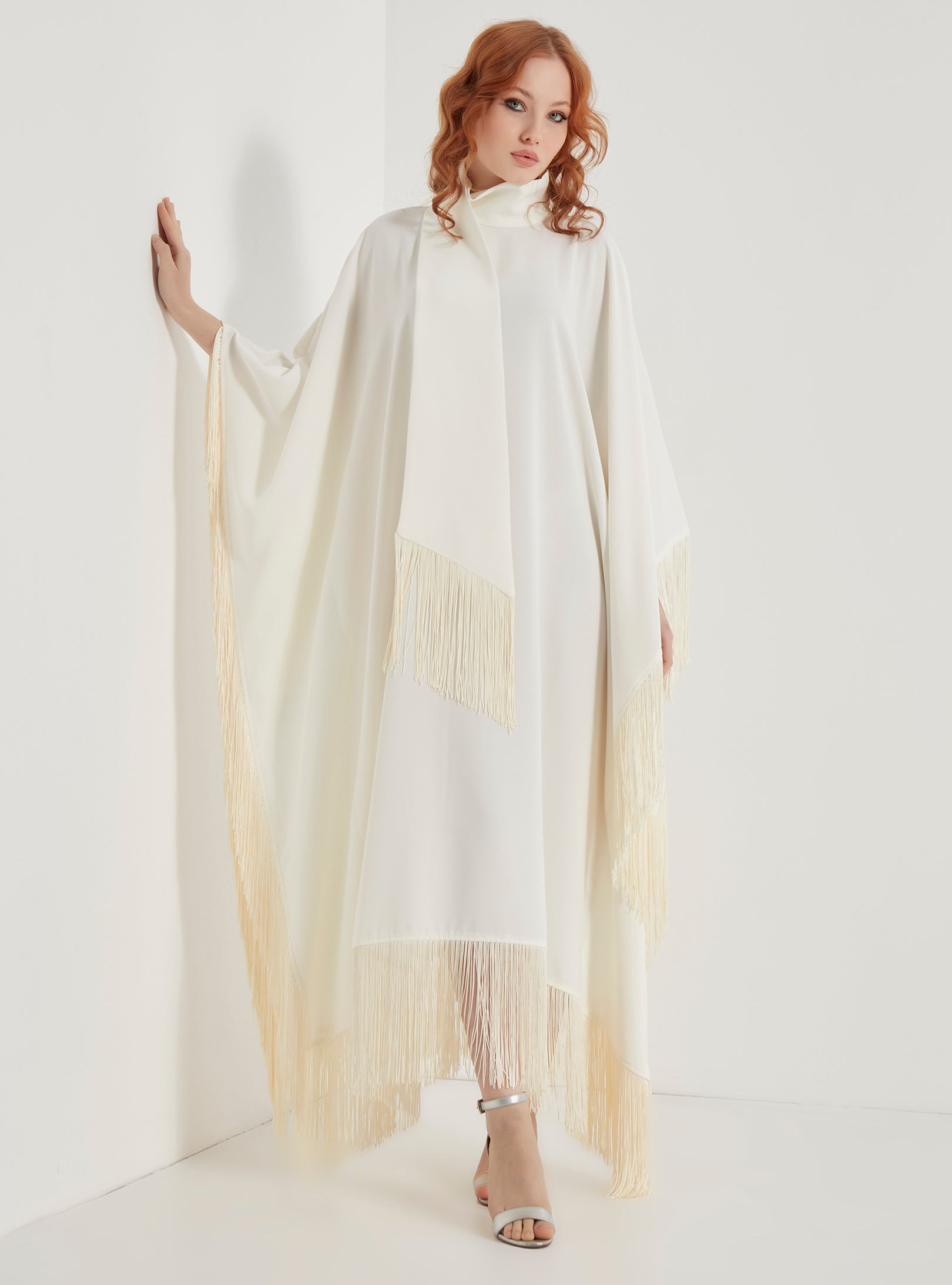 Off White Fringed Kaftan Dress With Tie Neck Detailed - Store WF