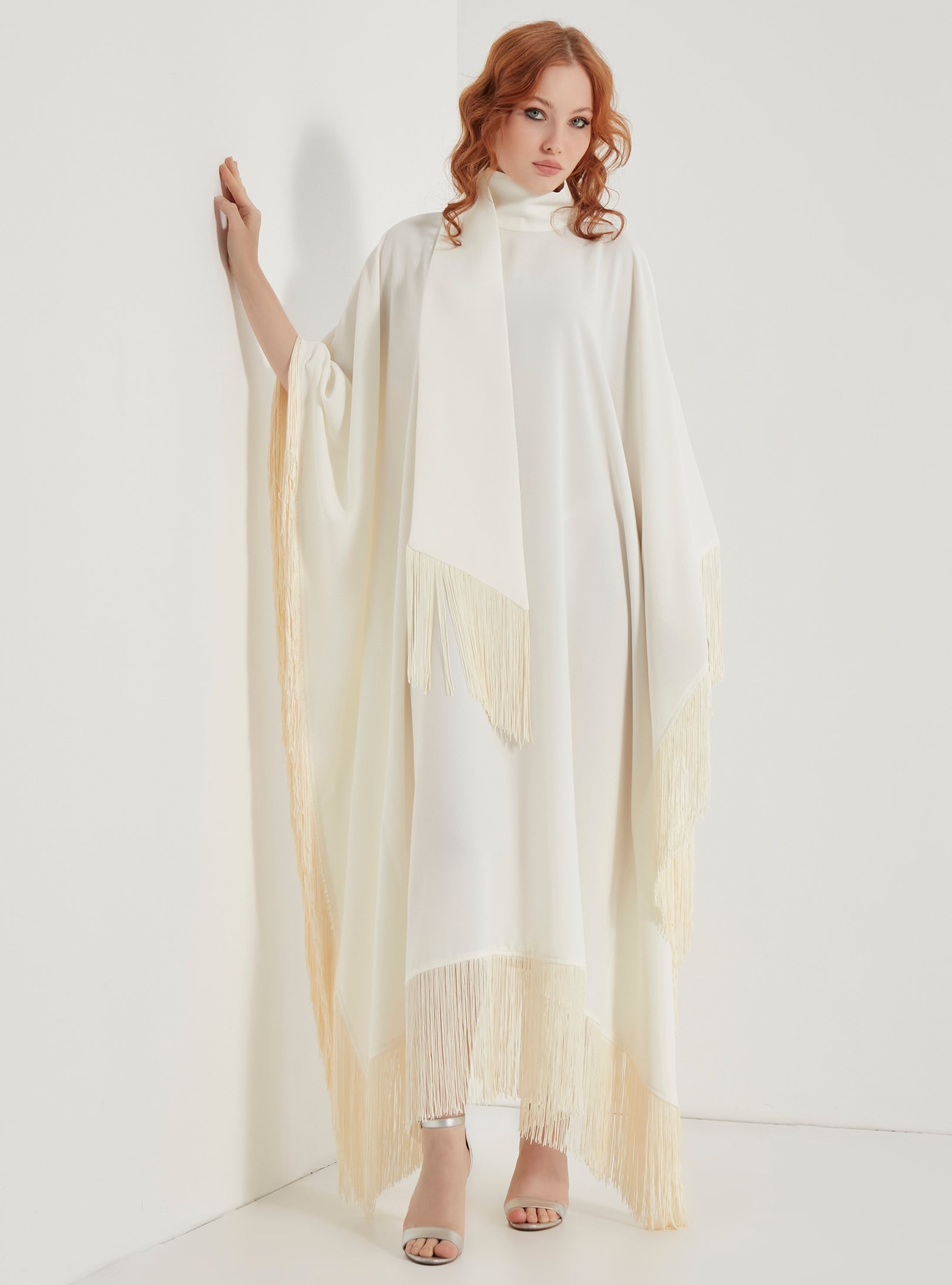 Off White Fringed Kaftan Dress With Tie Neck Detailed - Store WF