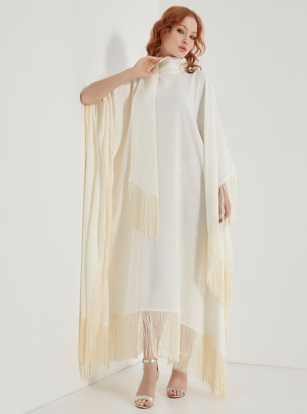 Off White Fringed Kaftan Dress With Tie Neck Detailed - Store WF